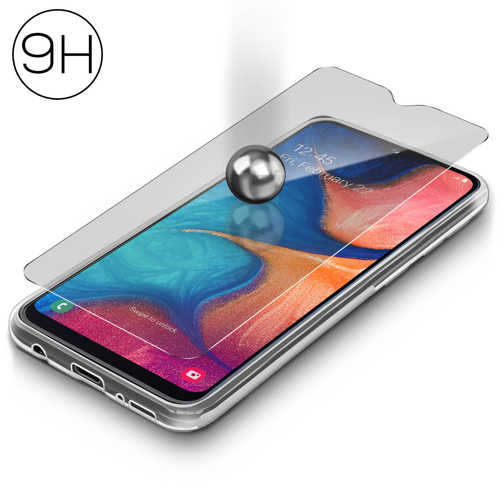 Telefono con protezione schermo, una sfera d'argento fluttua sopra.