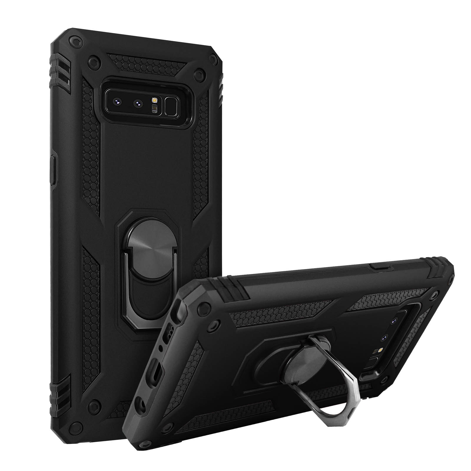 Schwarze Handyhülle mit Ring. Das Telefon liegt auf einem Holztisch. Anderes Telefon sichtbar.