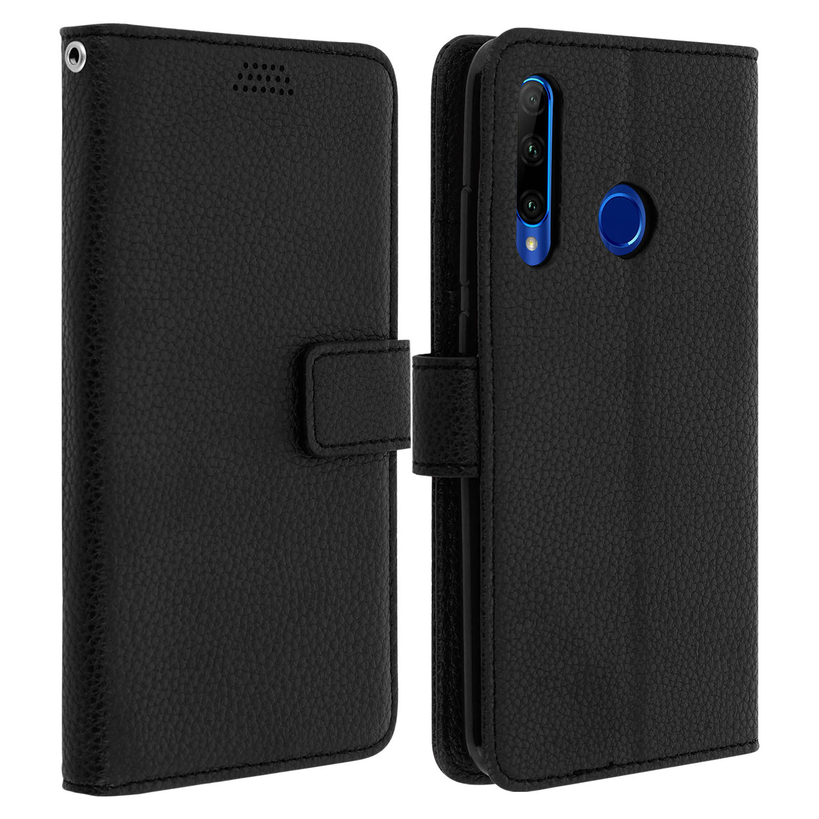 Custodia per telefono in pelle nera, aperta e chiusa. Quella aperta mostra il telefono, quella chiusa ha un fermaglio.