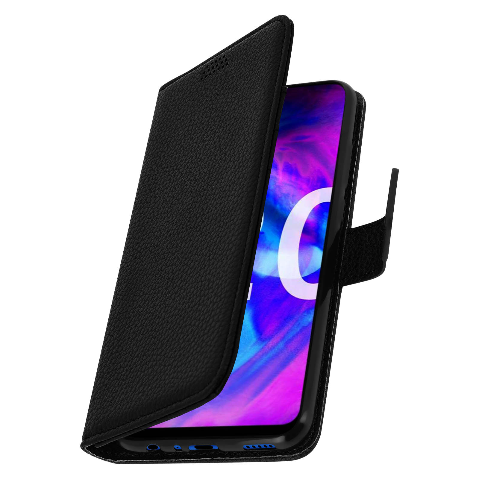 Custodia nera con coperchio aperto che mostra un display con la lettera 'O'.