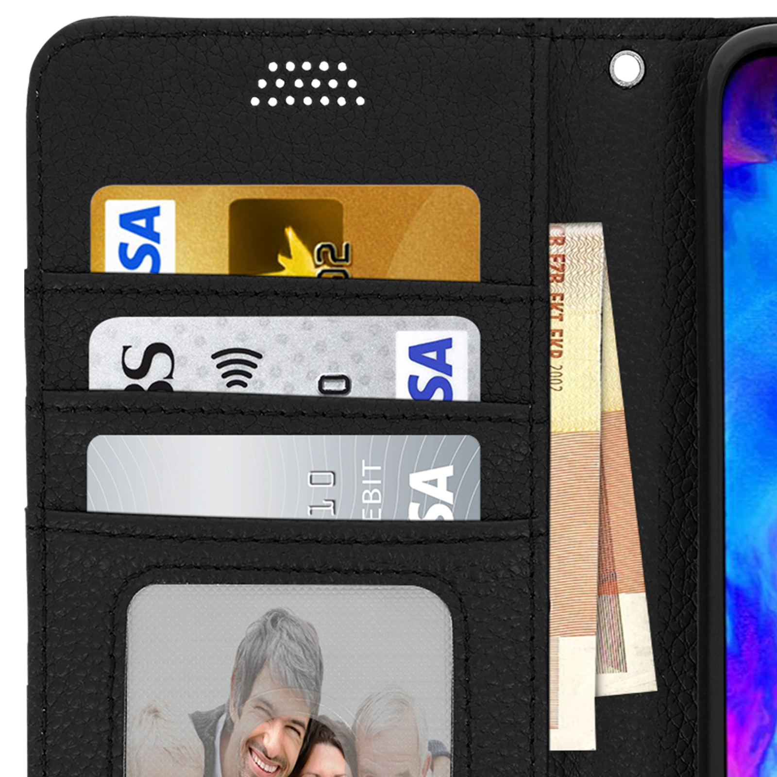 Custodia per telefono nera con carte di credito e una foto di famiglia.