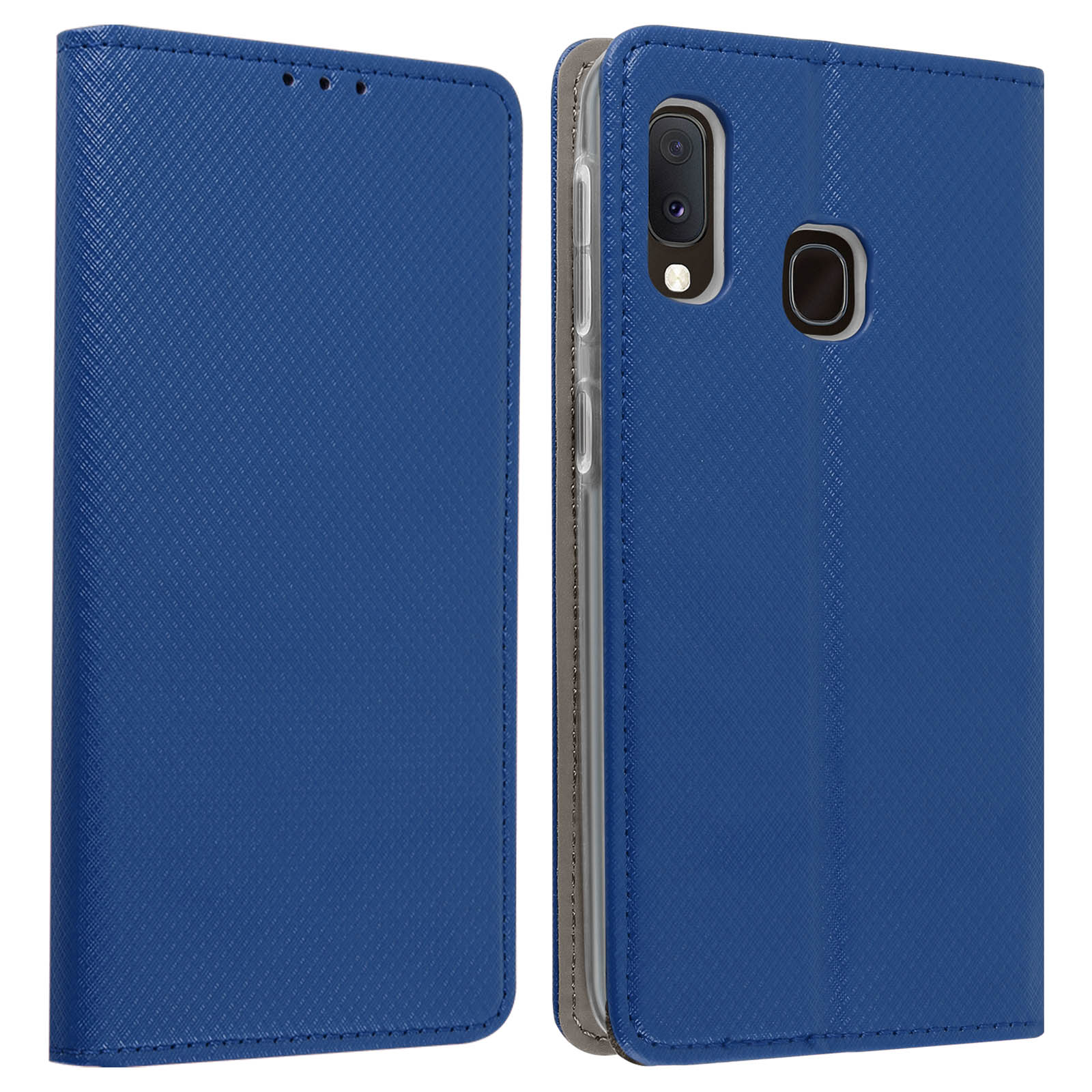 Portefeuille de téléphone bleu ouvert, montrant un téléphone. Fond blanc.