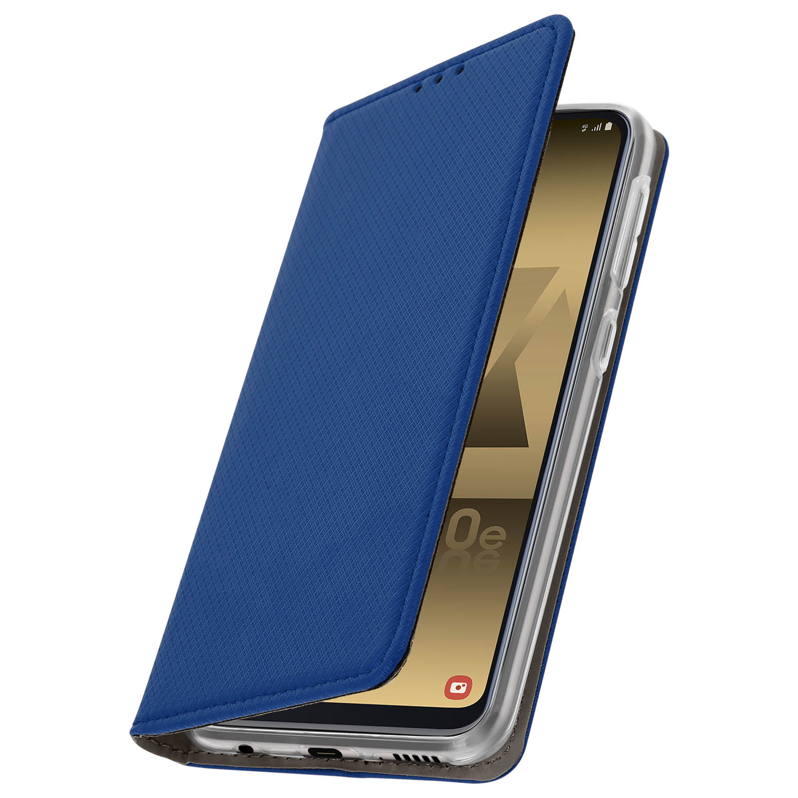 Étui de téléphone bleu ouvert, révélant un téléphone. L'étui a une surface texturée.