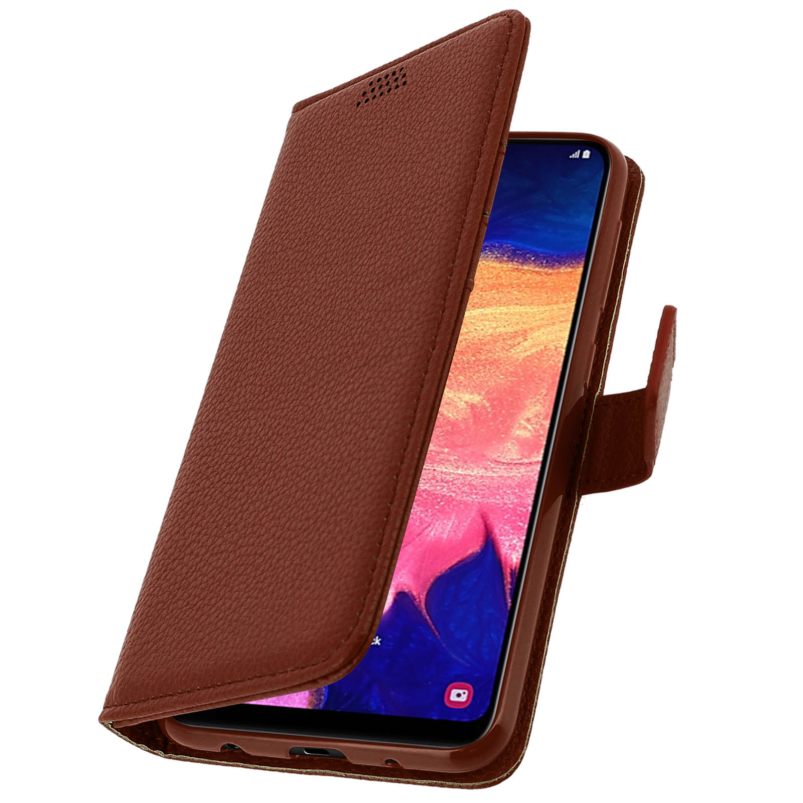 Una custodia marrone per telefono con un telefono all'interno, lo schermo è visibile.