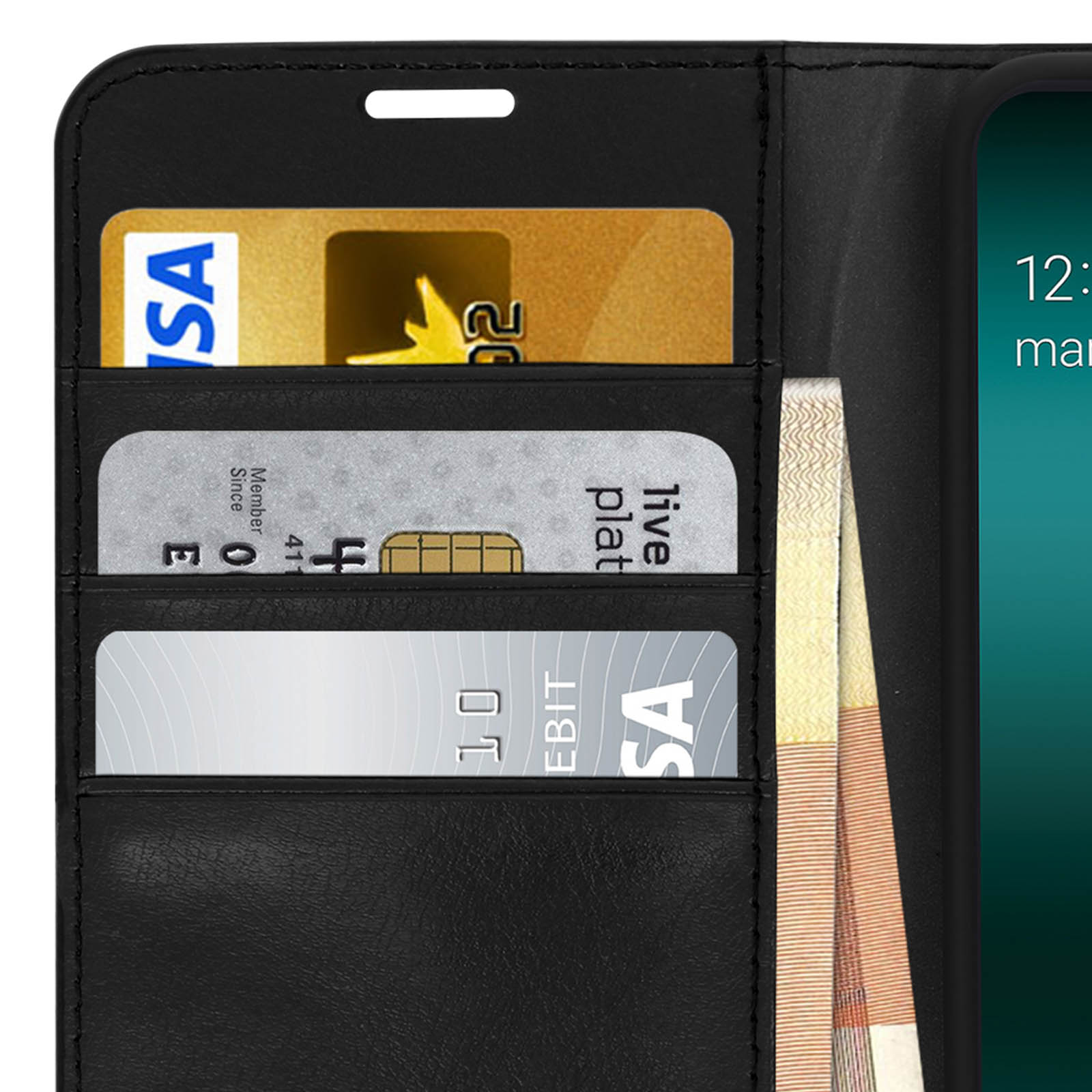 Open telefoonhoesje met kaarten en contant geld erin. De telefoon staat aan.