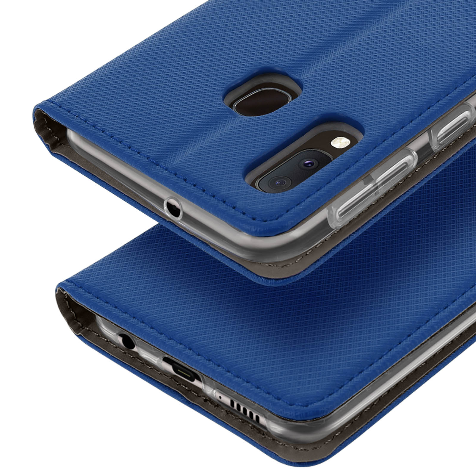 La coque de téléphone bleue est ouverte. Montre le téléphone à l'intérieur. Bords sombres.