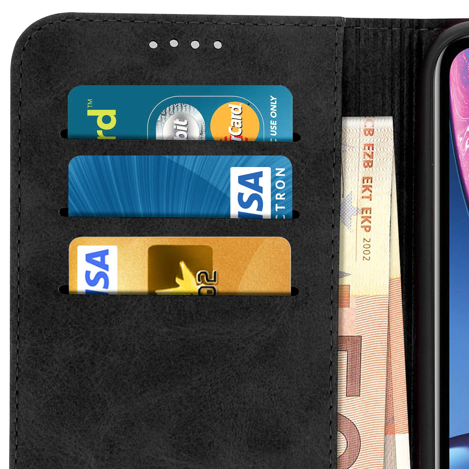 Zwarte telefoonhoes met kaartsleuven, telefoon rechts, geld rechts.