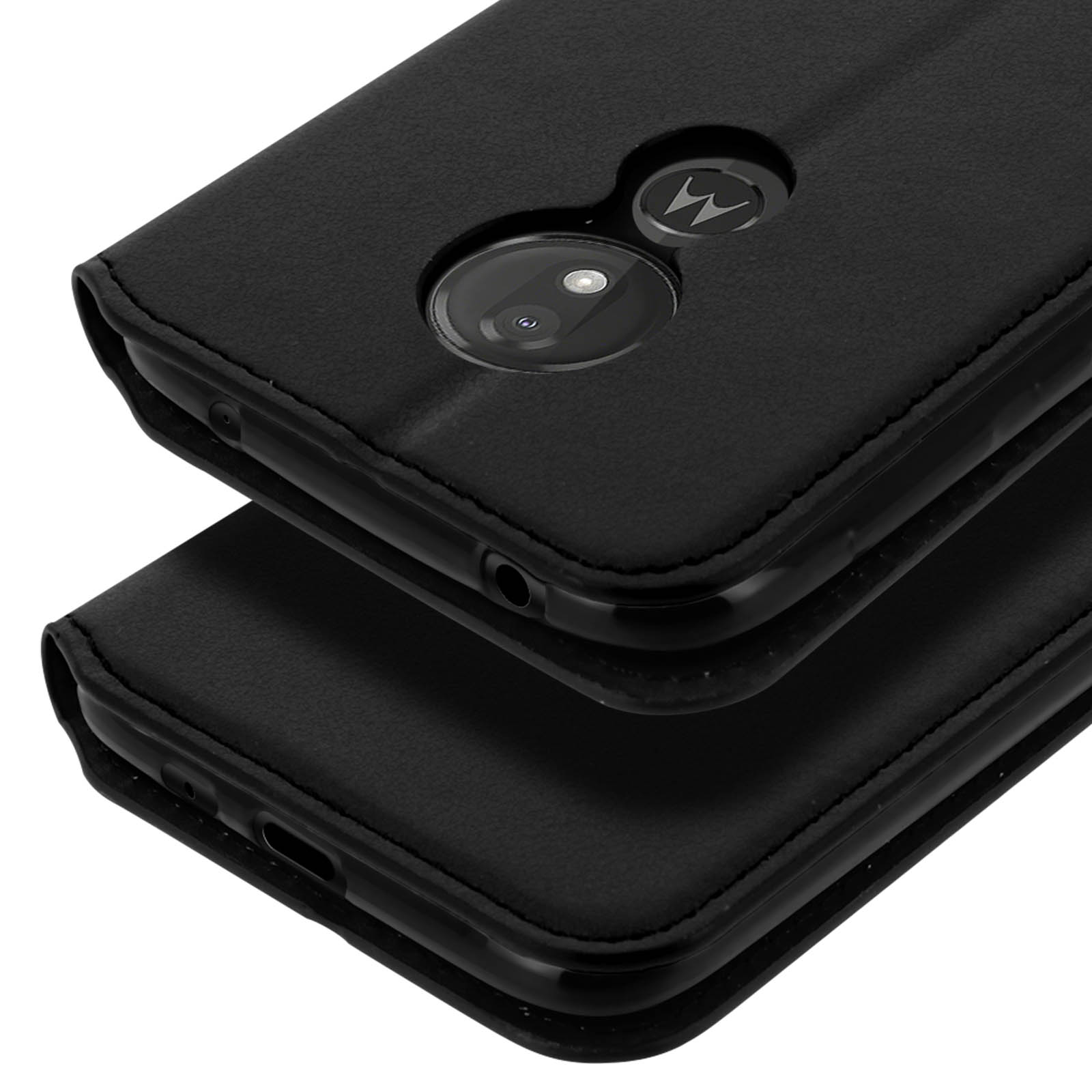 Due custodie per telefono nere impilate con un ritaglio per la fotocamera. Quella superiore ha un telefono visibile.