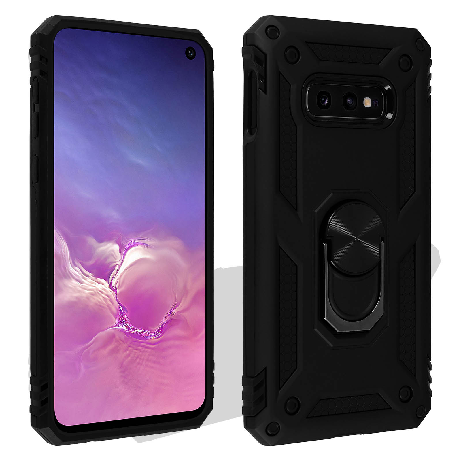 Coque de téléphone noire avec anneau de maintien, protégeant un smartphone. Fond blanc.