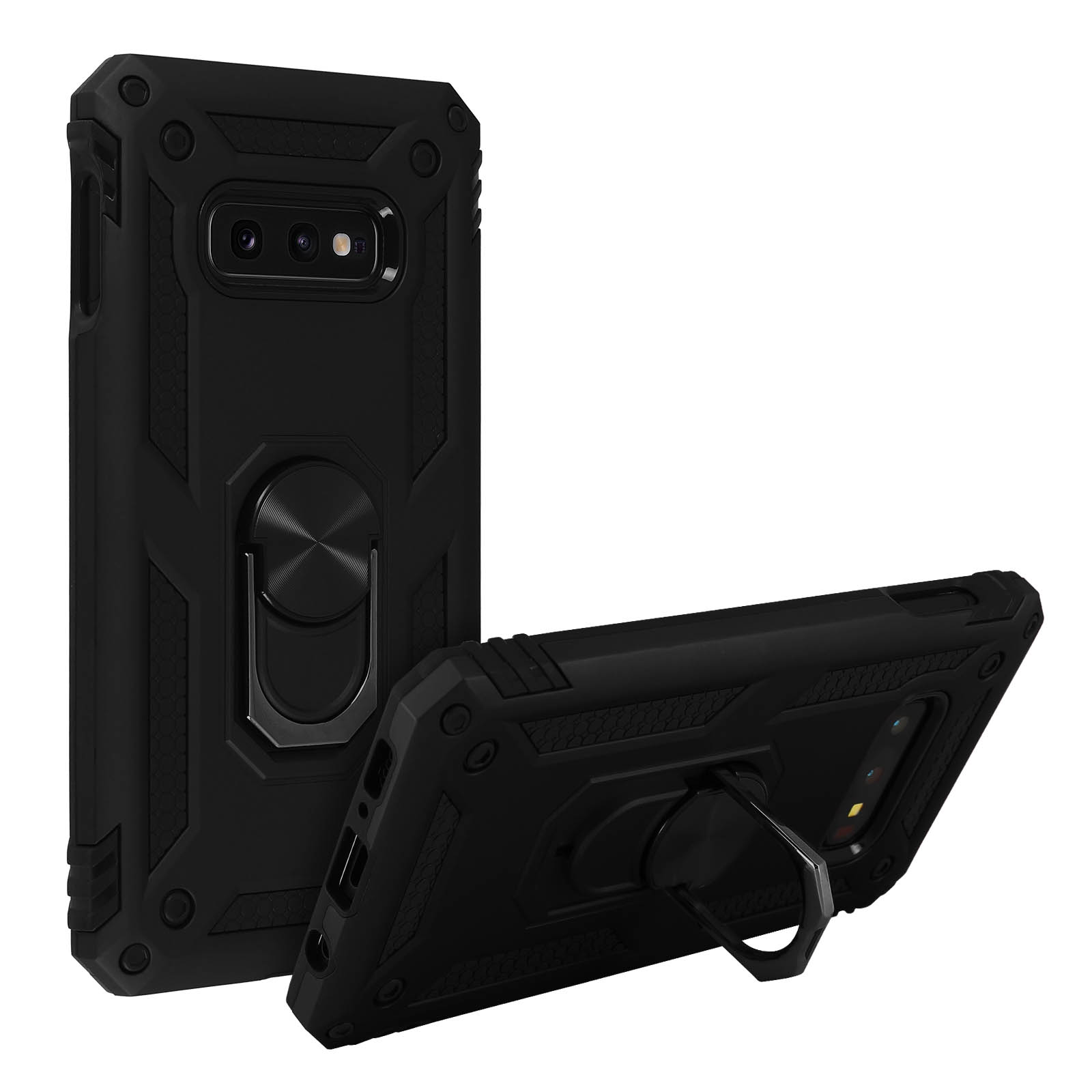 Deux coques de téléphone noires. Une avec support en anneau. Fond blanc.