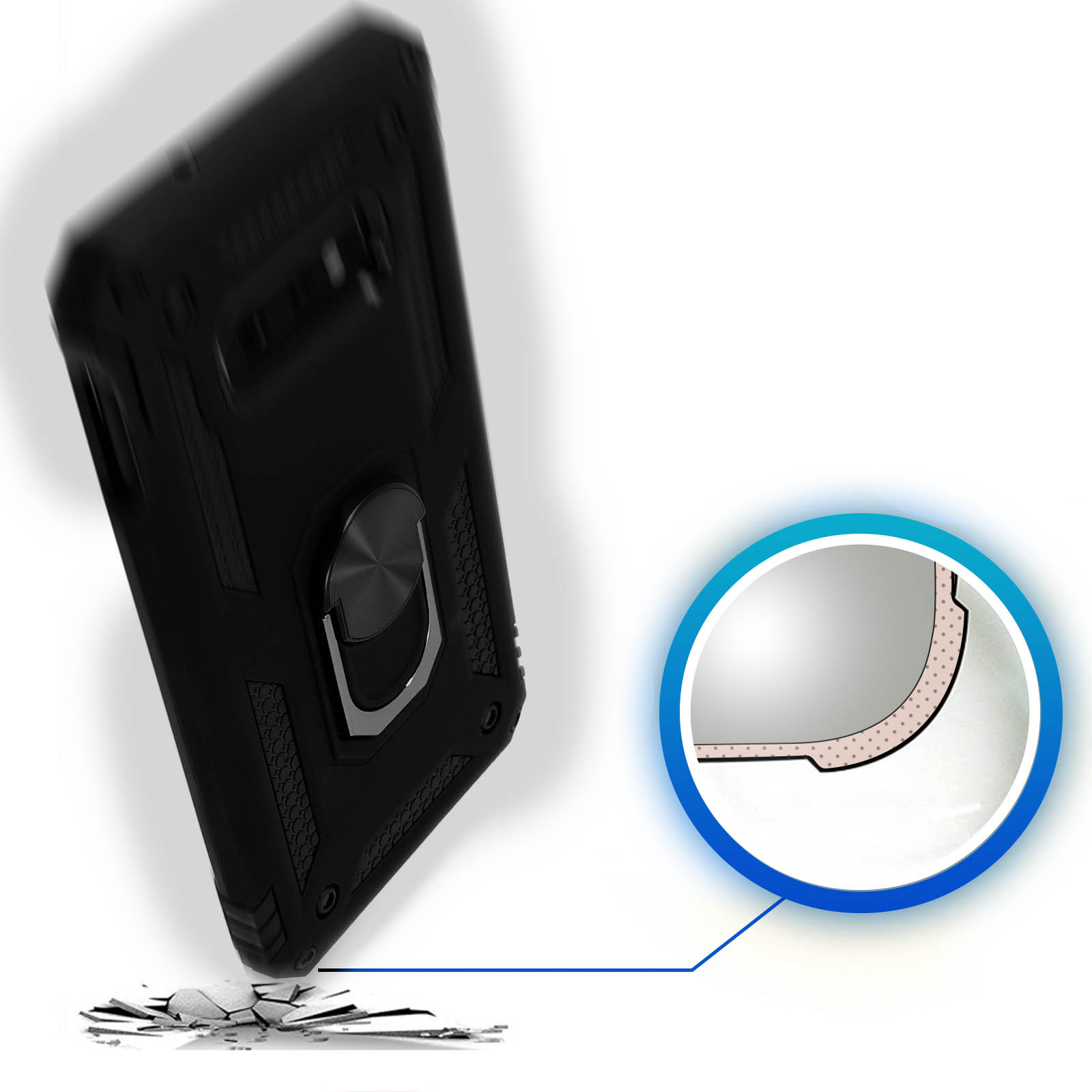 Coque de téléphone noire avec un support de bague. Une partie de la coque est cassée avec un détail circulaire.