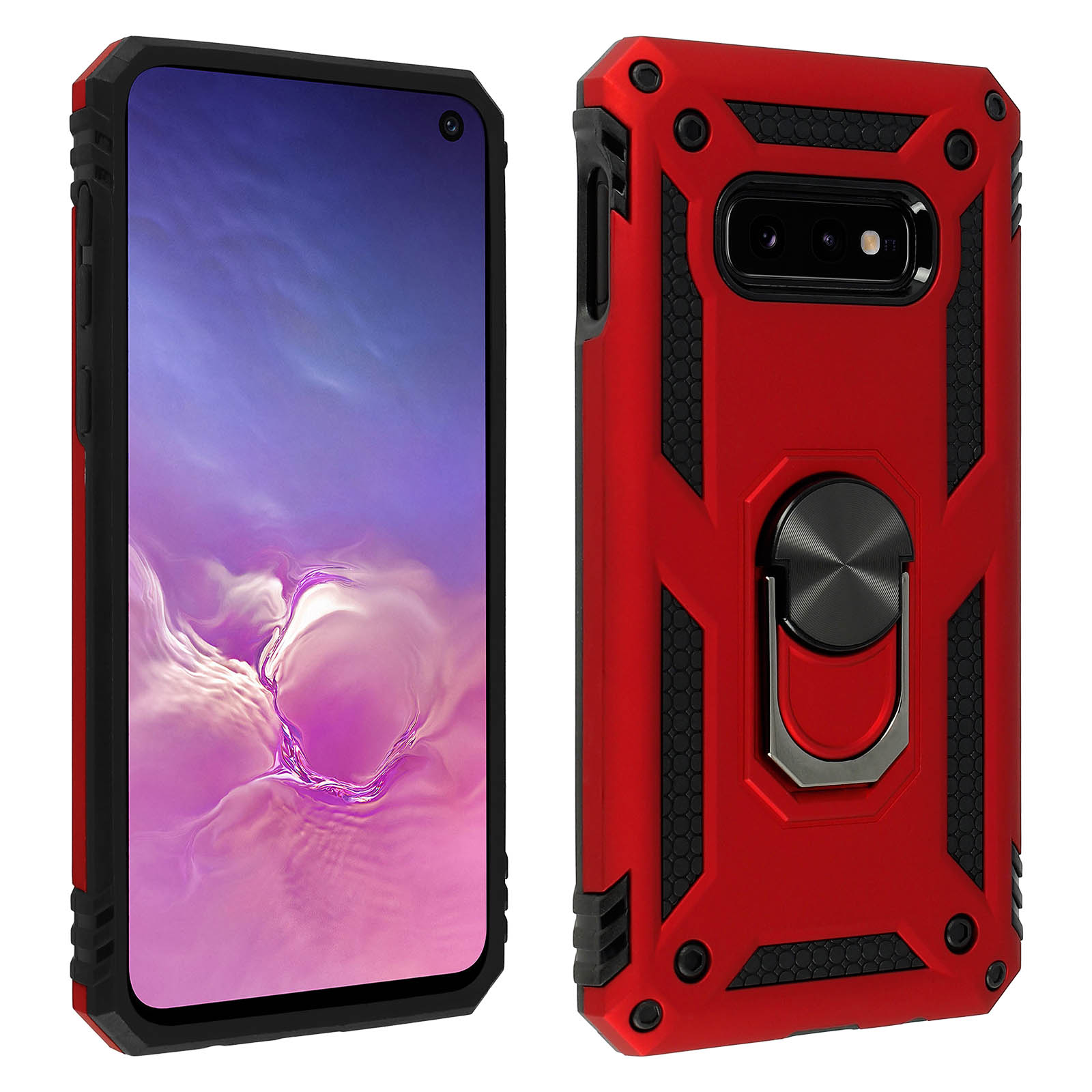 Coque de téléphone rouge avec des accents noirs. Le téléphone est visible dans l'étui.
