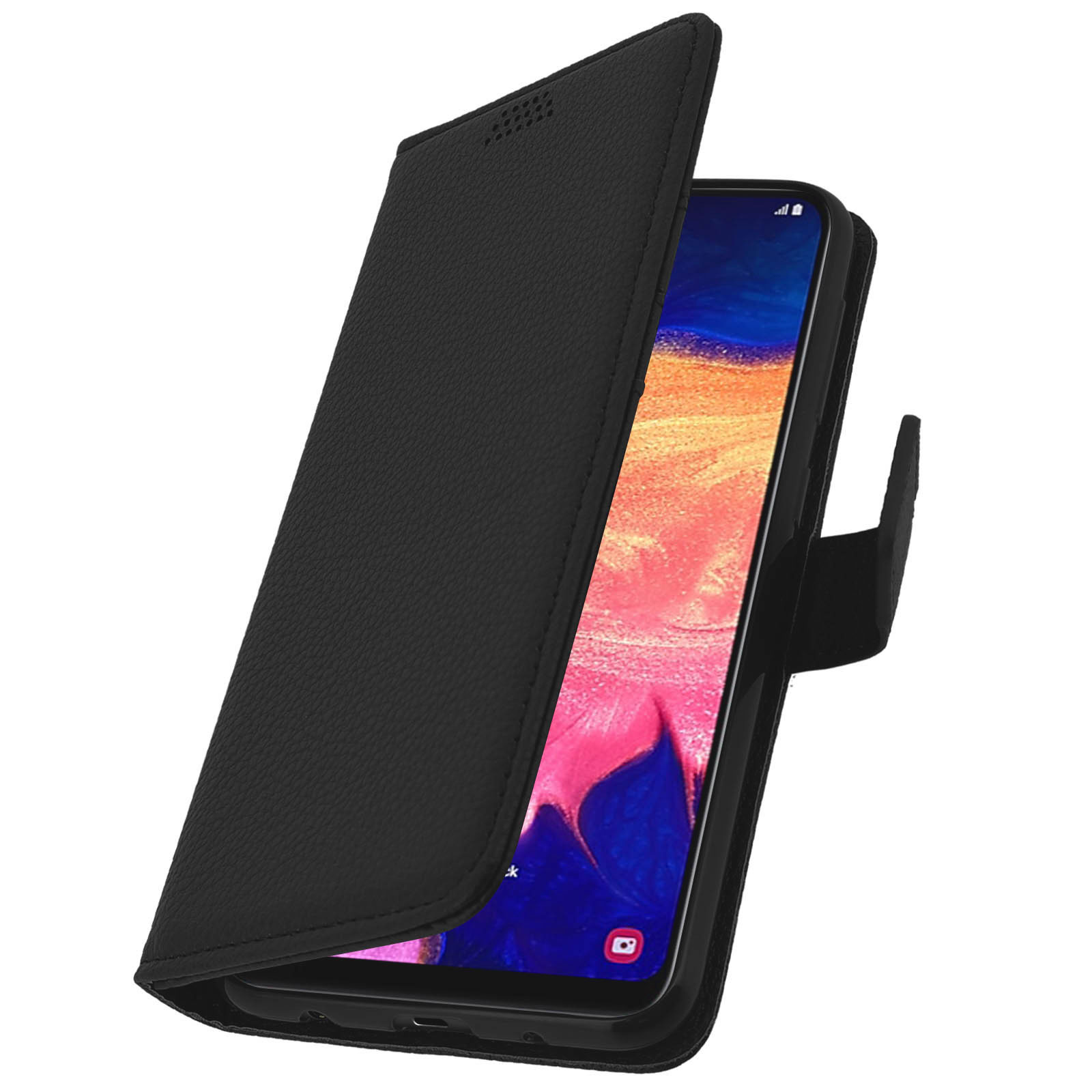 Un étui de téléphone noir ouvert pour révéler un téléphone. Le téléphone a un écran affichant un contact.