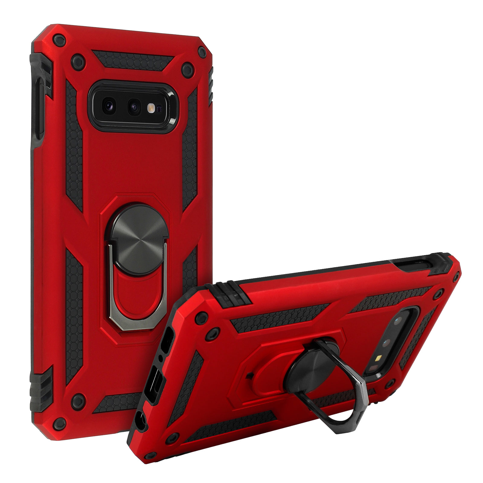 Coque de téléphone rouge avec un support d'anneau, en angle sur fond blanc.