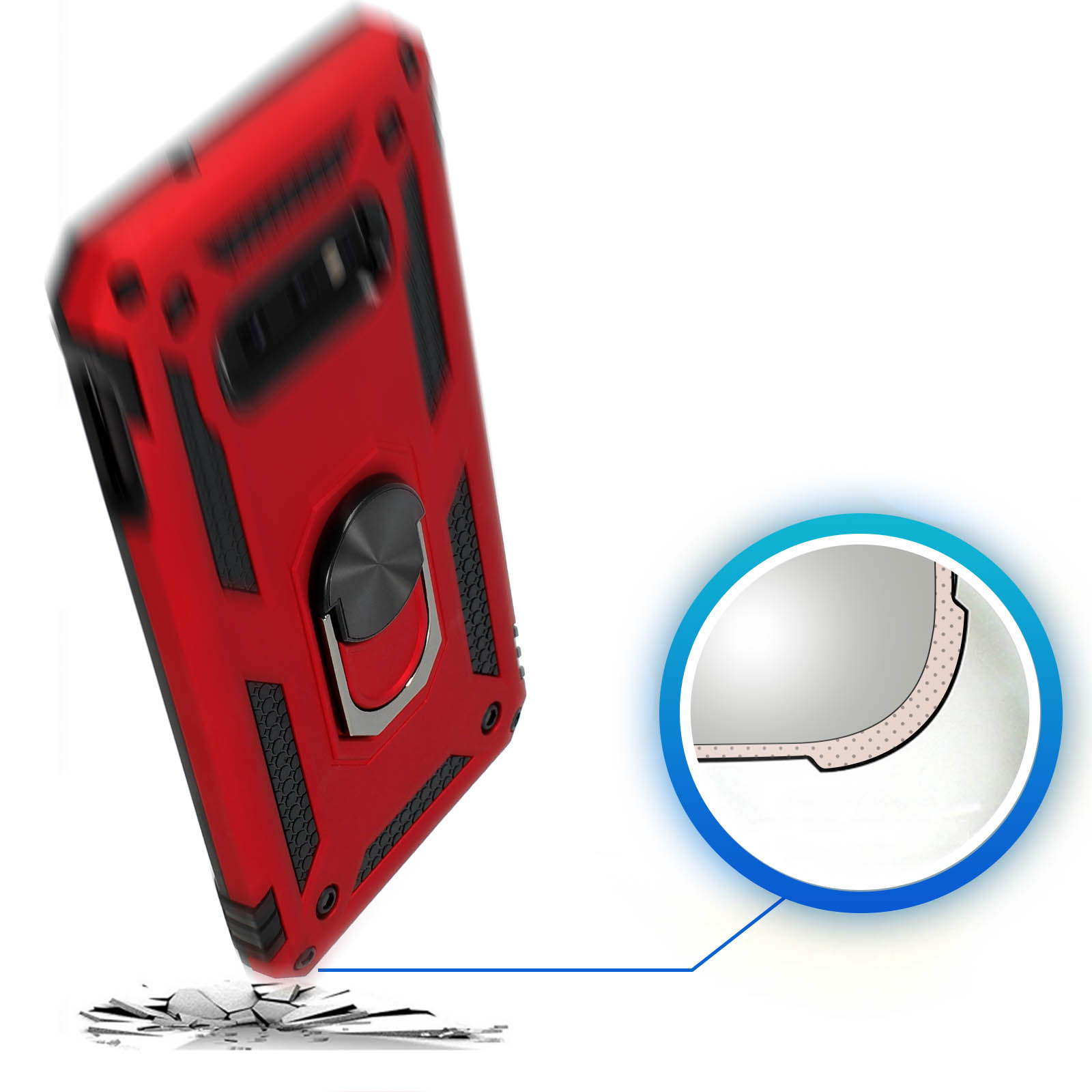 Coque de téléphone rouge avec support de bague, avec vue détaillée et fond blanc.