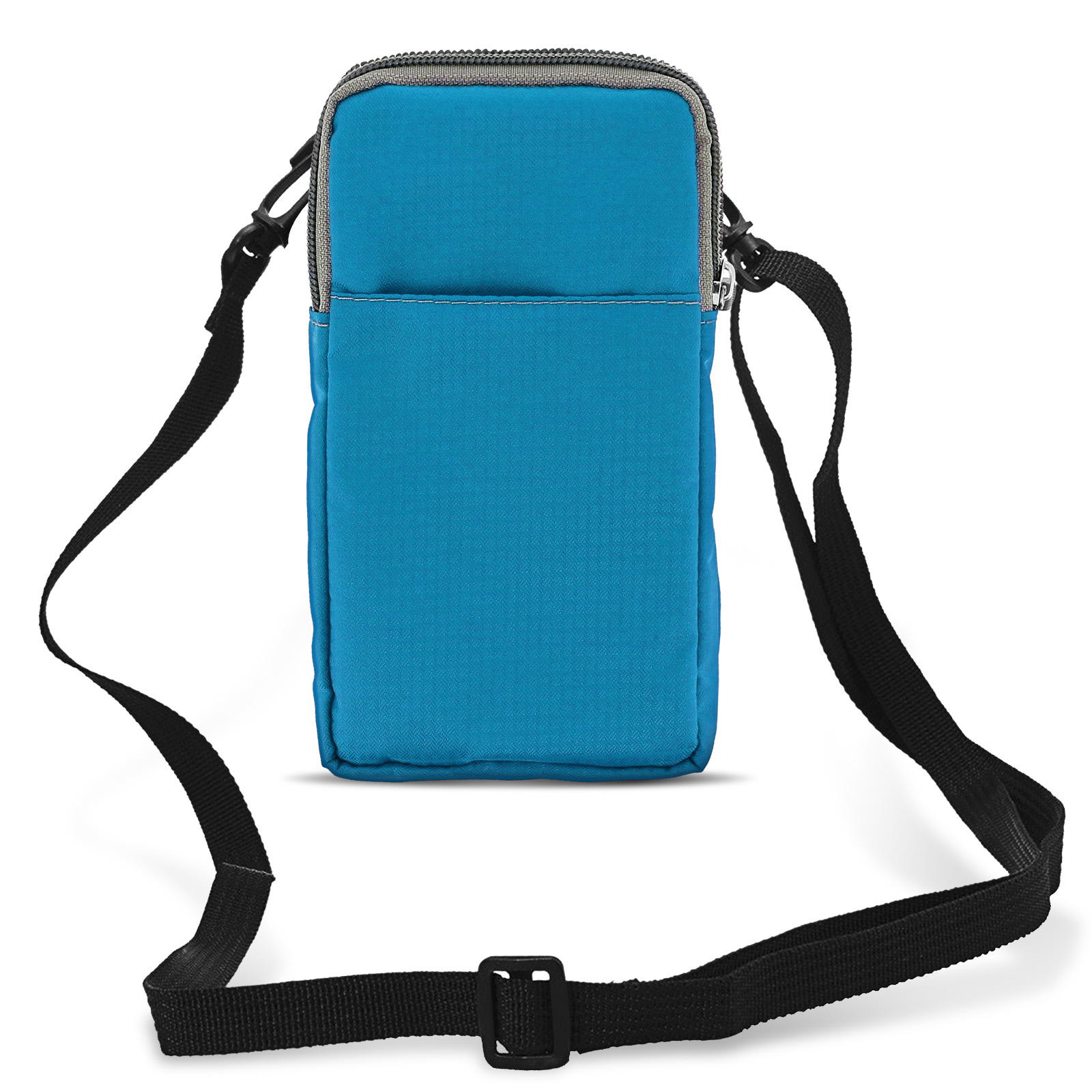 Una borsa per telefono blu acqua marina con una tracolla nera. Ha una cerniera e una tasca.