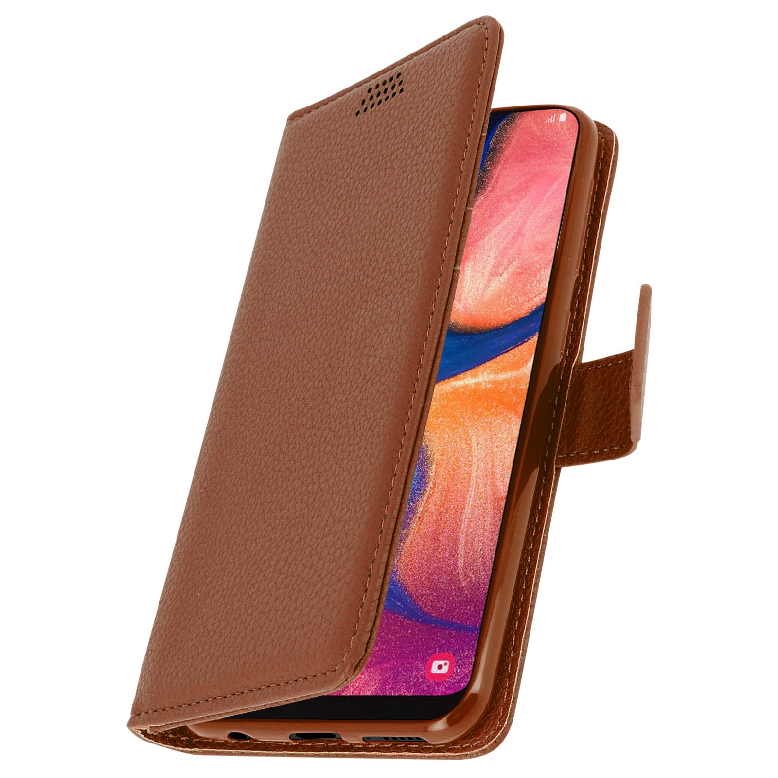 Bruine leren telefoonhoes met open klep, toont een telefoonscherm.