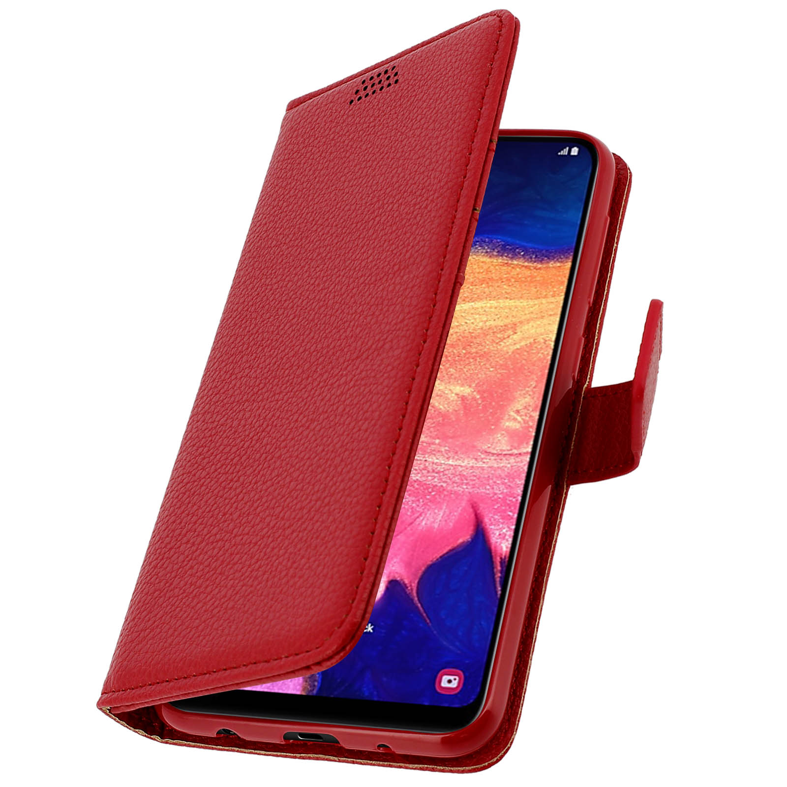 Een rode telefoonhoes open, toont een telefoon met een rood en blauw scherm.