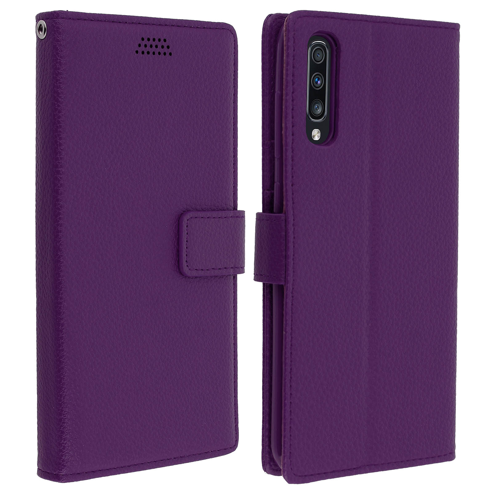 Custodia per telefono viola, aperta e chiusa, con fori per la fotocamera.