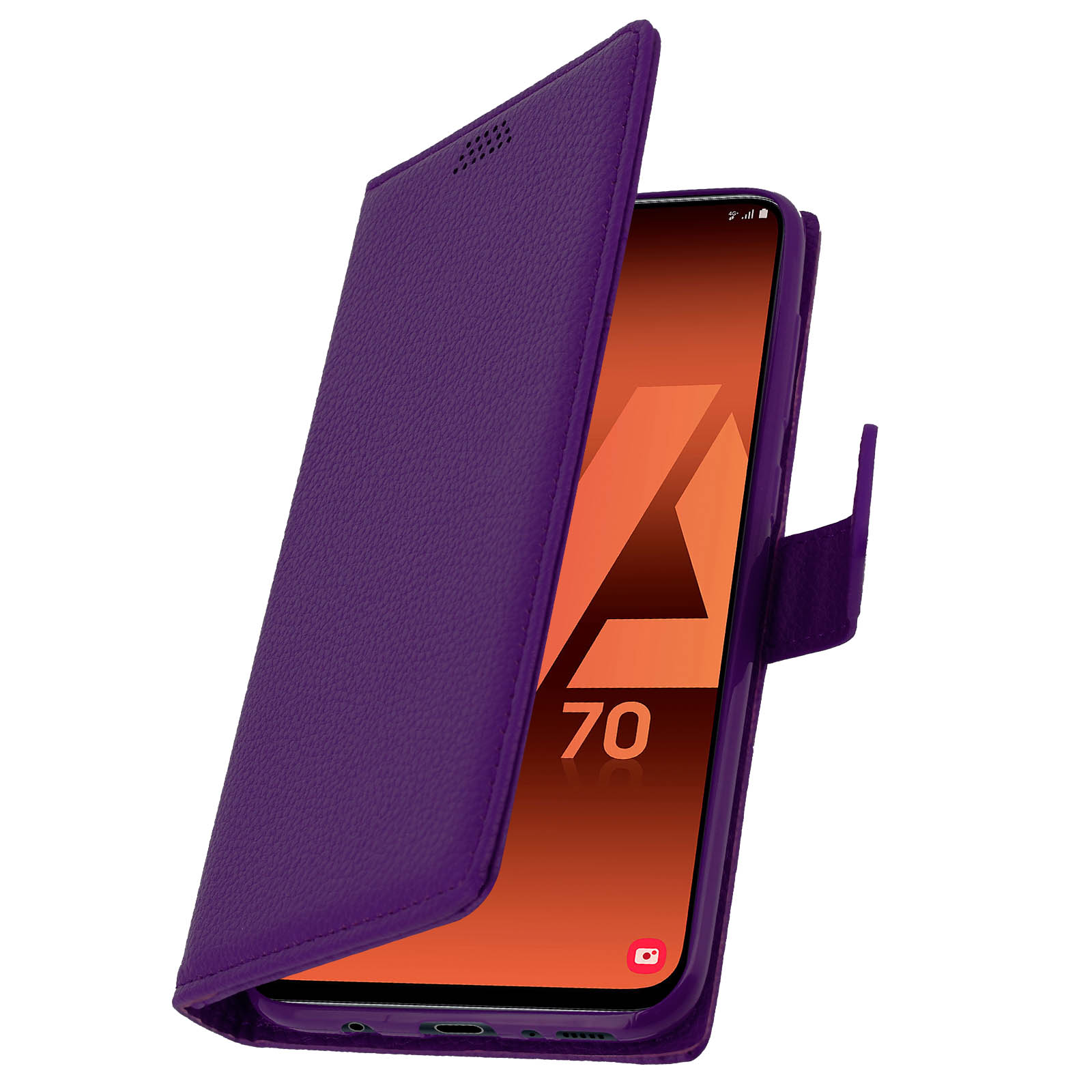 Una custodia viola è aperta, rivelando un telefono con display arancione e il numero 70.