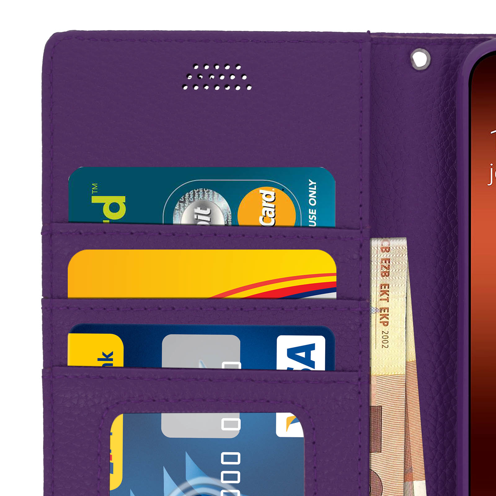 Custodia viola per telefono che mostra carte e banconote in euro. Schermo del telefono non visibile.
