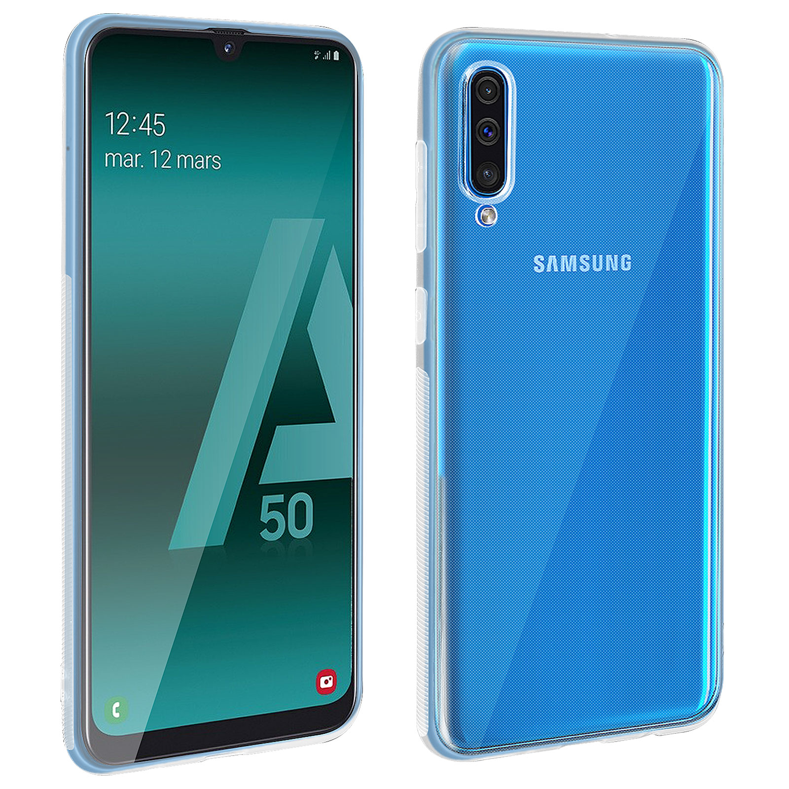 Ein blaues Samsung-Telefon mit einer transparenten Hülle. Anzeige zeigt Uhrzeit und Datum. Weißer Hintergrund.
