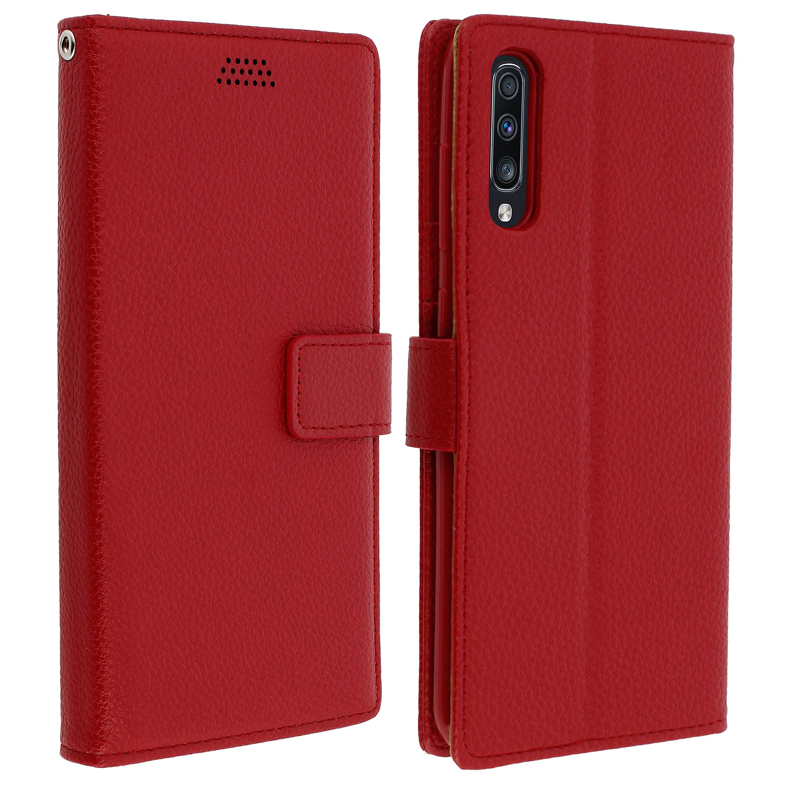 Coque de téléphone rouge, ouverte. Le système de caméra du téléphone est visible. L'étui est fermé à gauche.