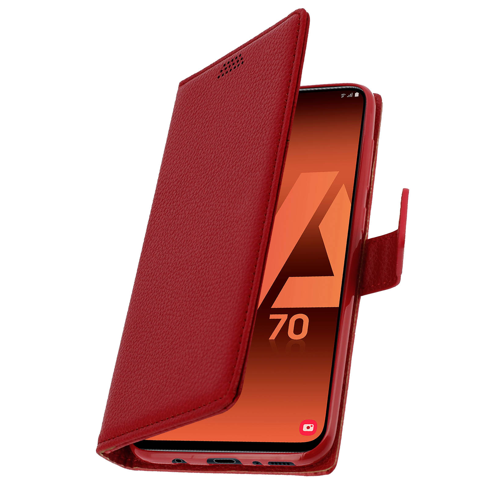 Étui portefeuille de téléphone rouge ouvert, montrant un écran de téléphone.