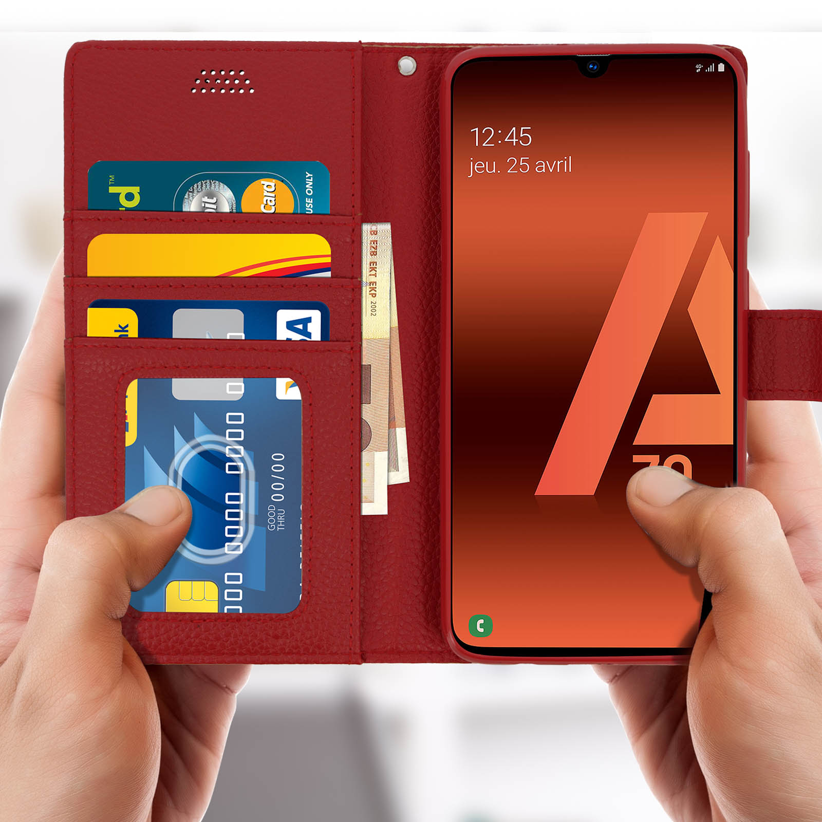Étui de téléphone en cuir rouge de style portefeuille avec cartes et téléphone.