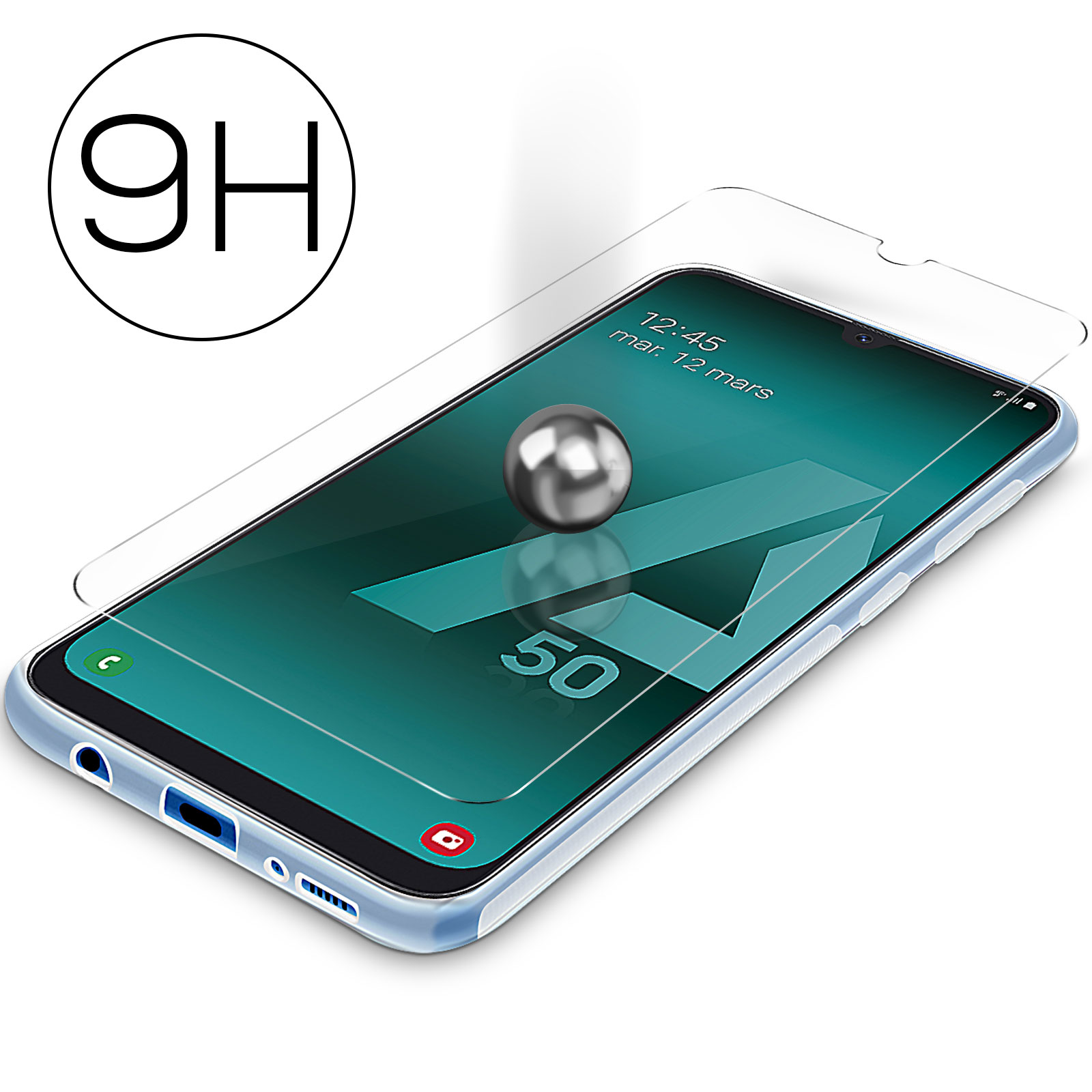 Ein Telefon mit Displayschutz und einer schwebenden Metallkugel.