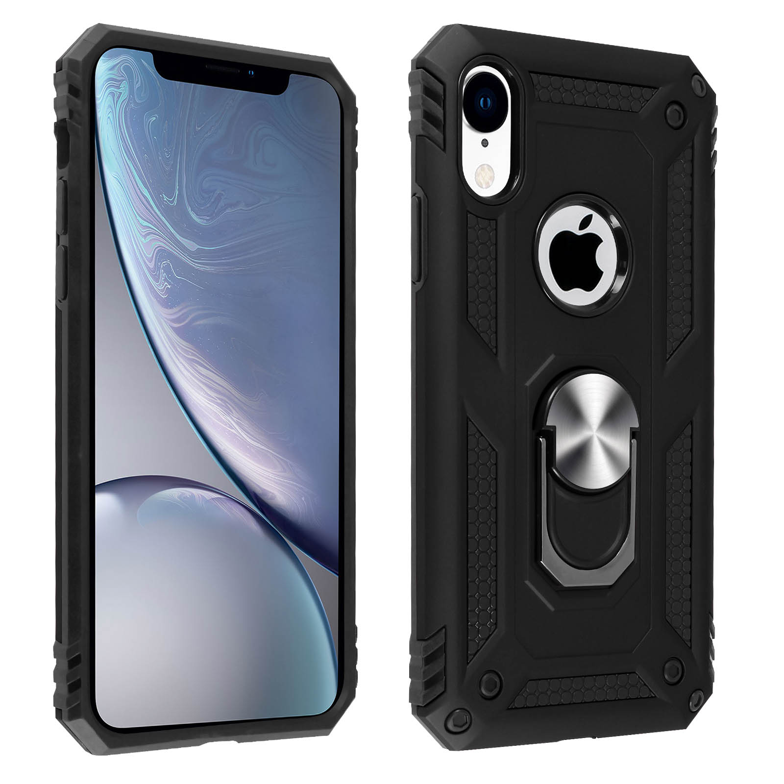 Zwarte telefoon met scherm, in een zwarte hoes, op witte achtergrond.