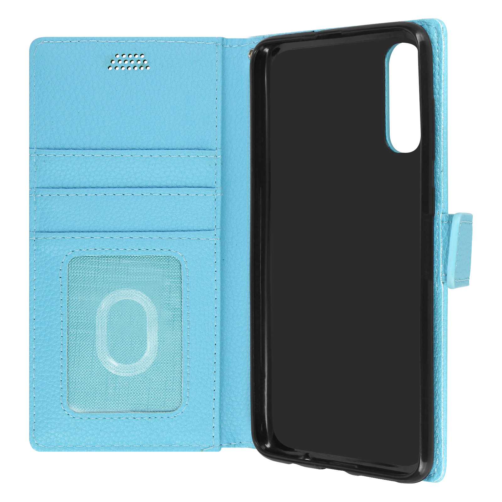 Custodia blu per telefono aperta. La custodia è blu con fessure per carte. Un telefono è visibile.