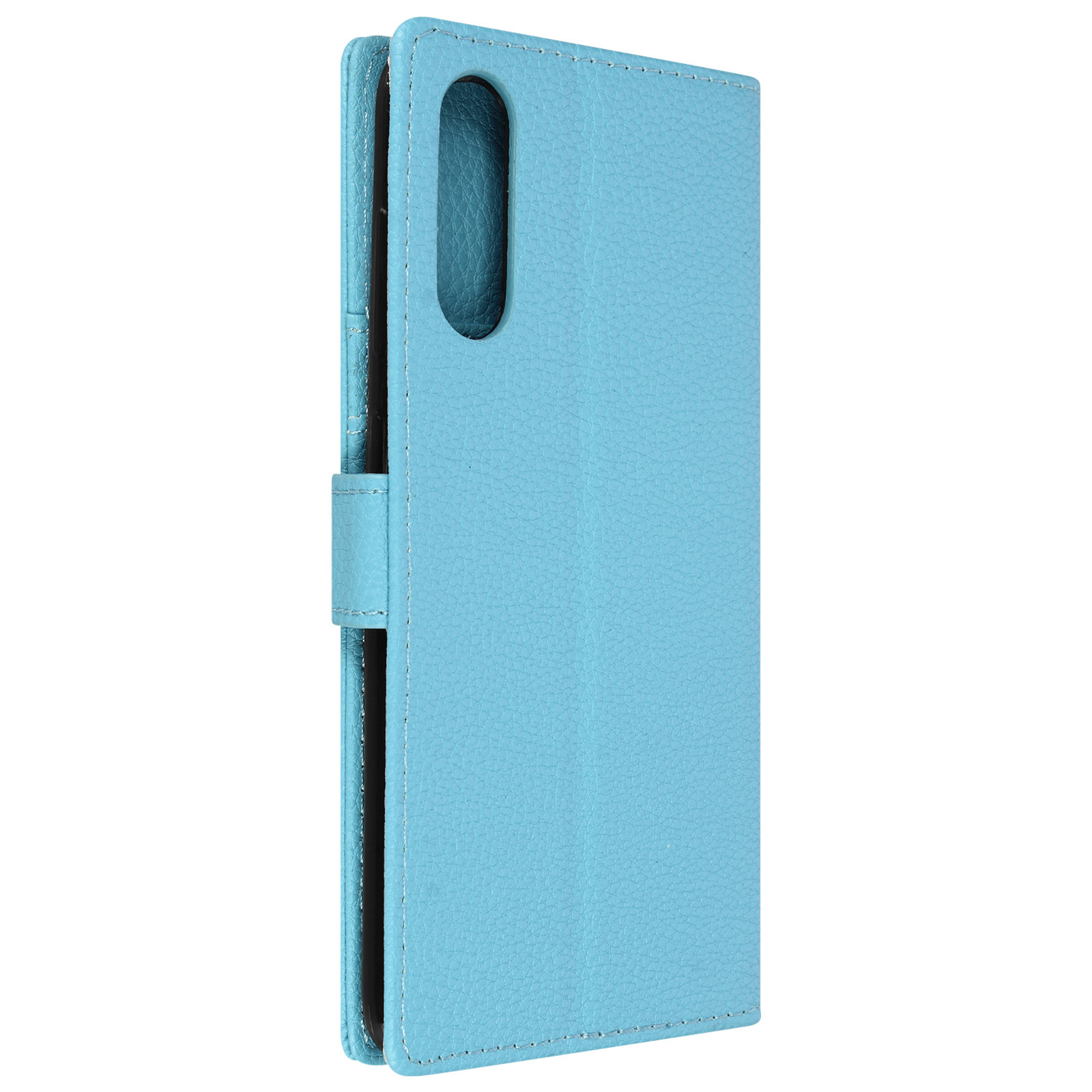 Custodia per telefono azzurra, aperta per rivelare l'interno e un foro per la fotocamera.