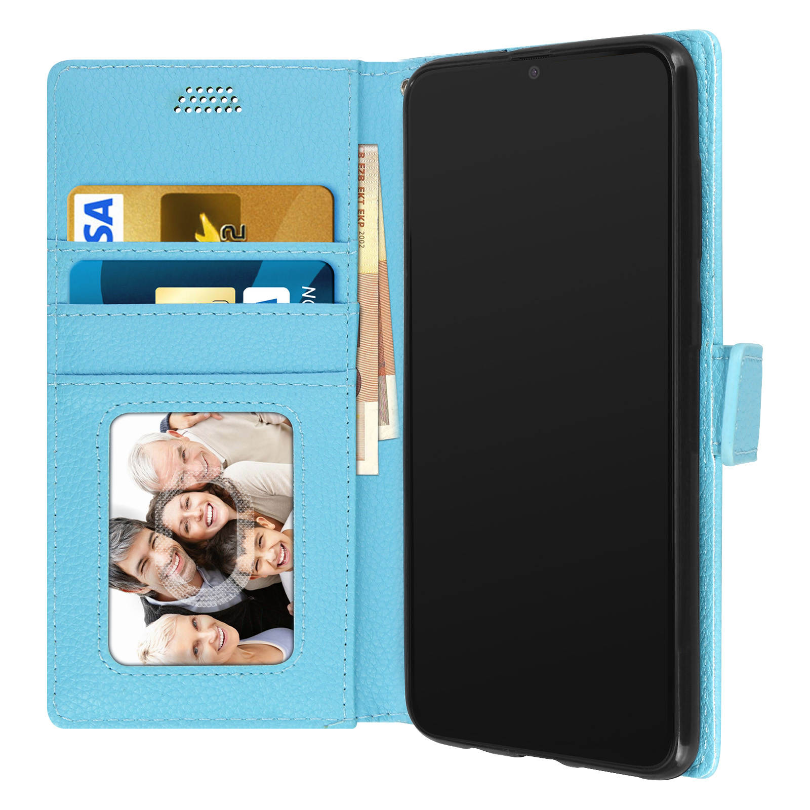 Custodia blu per telefono aperta, rivela telefono, carte di credito e denaro, con foto di famiglia.