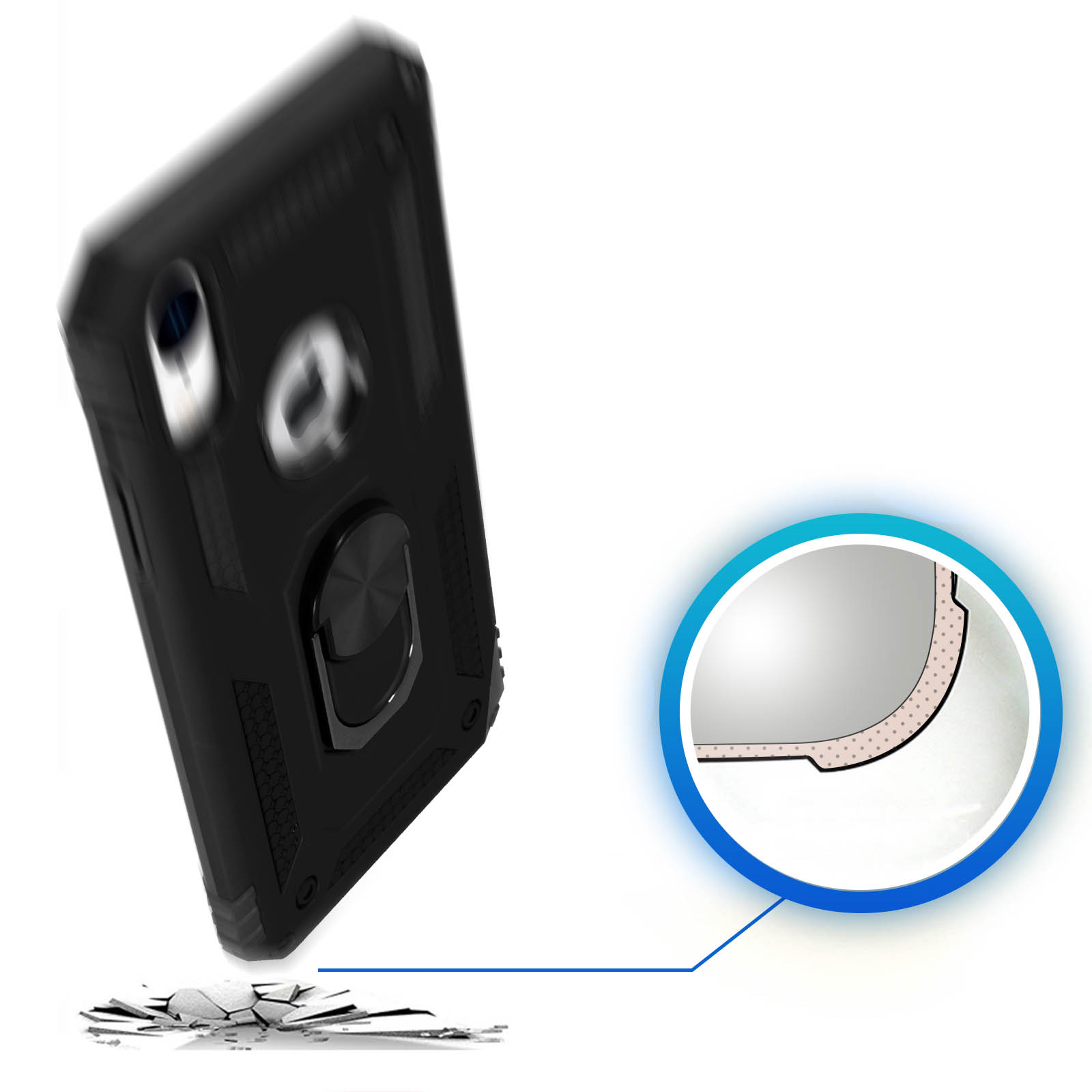 Zwarte telefoonhoes met ringhouder, tegen een witte achtergrond. Kleine witte en blauwe cirkel in de hoek.