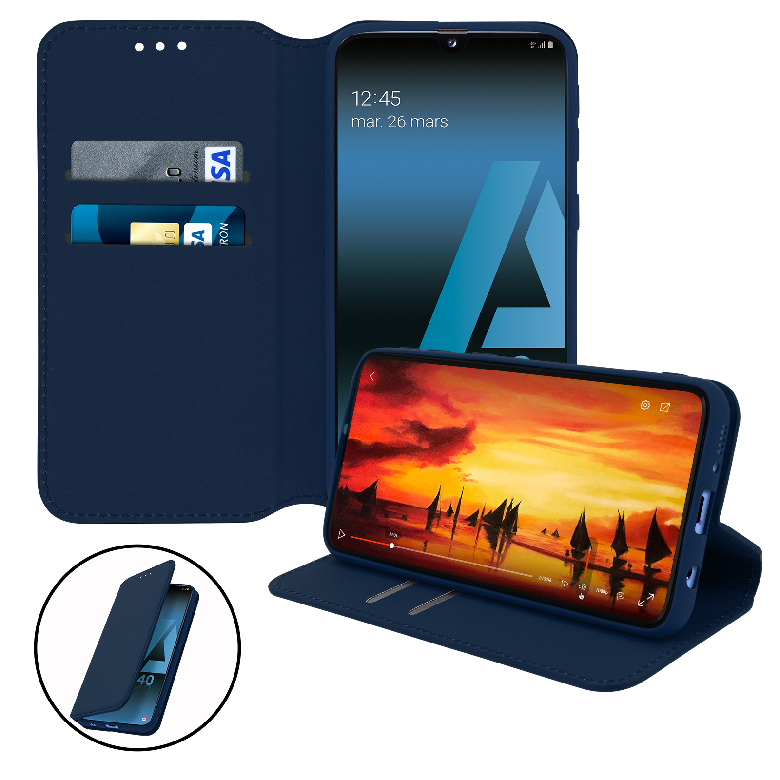 Blauwe telefoonhoes met een telefoon die een zonsondergangscène en een creditcardsleuf weergeeft.
