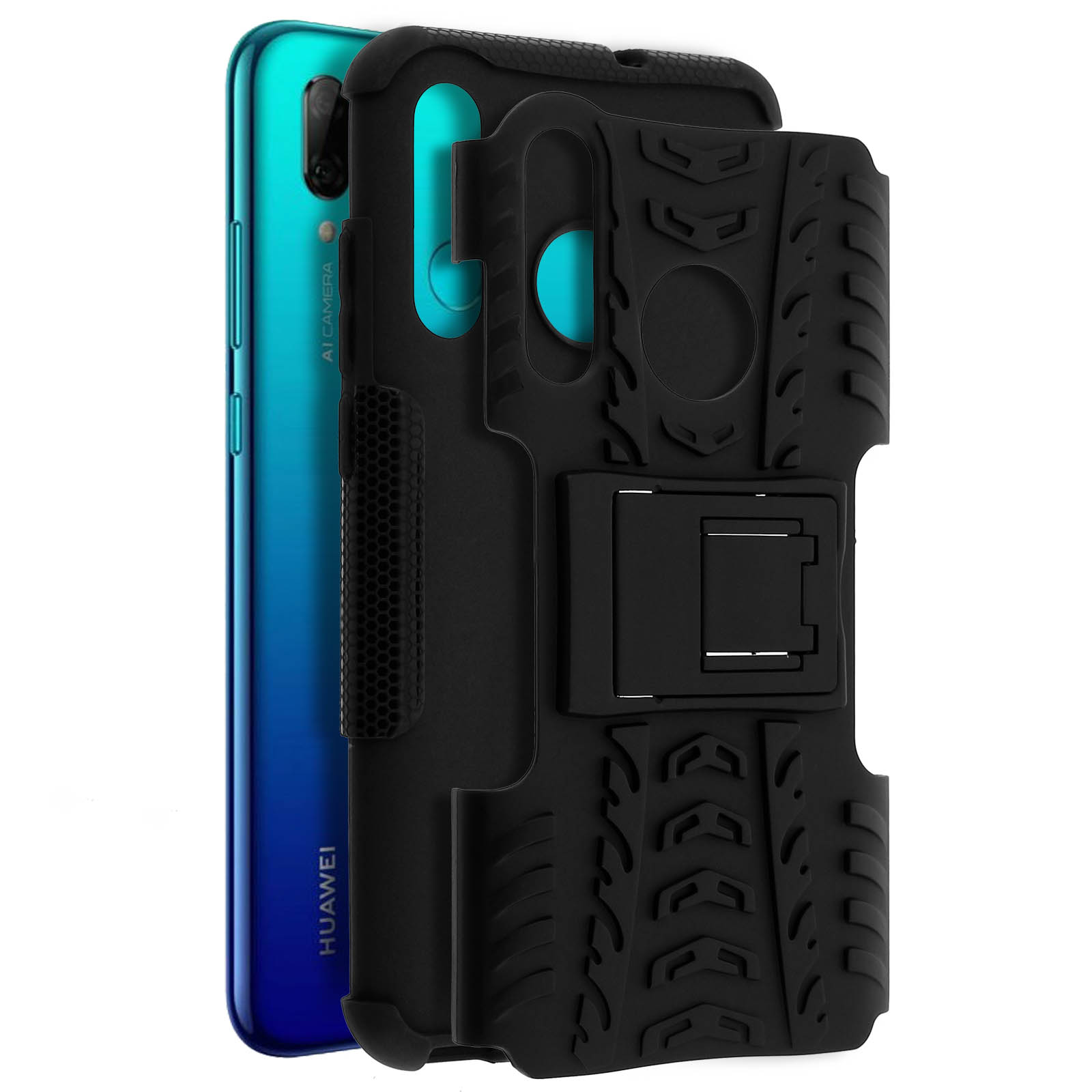 Coque de téléphone noire avec support, téléphone dedans, avec des accents noirs et verts.