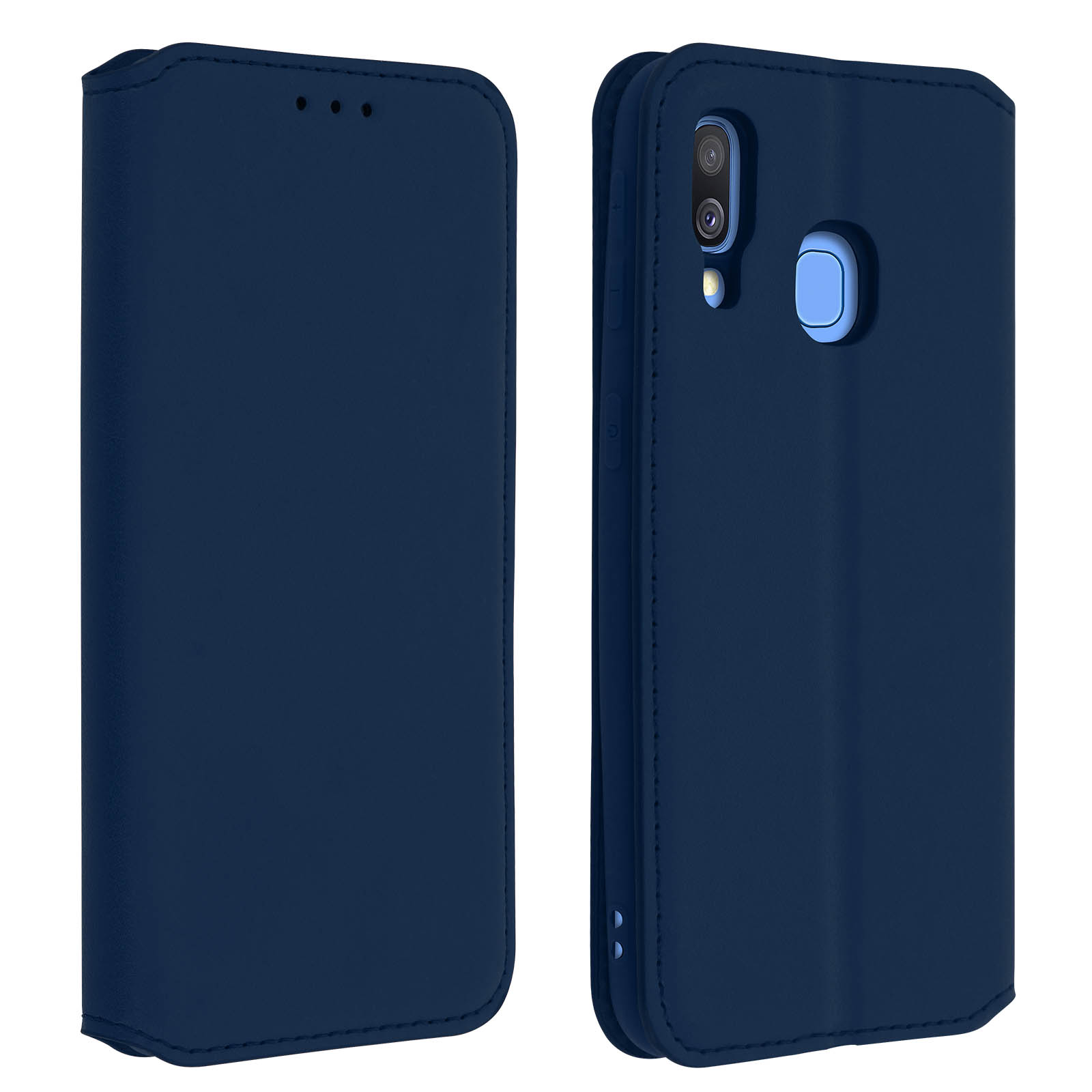 Blauwe telefoonhoes, gesloten en open.