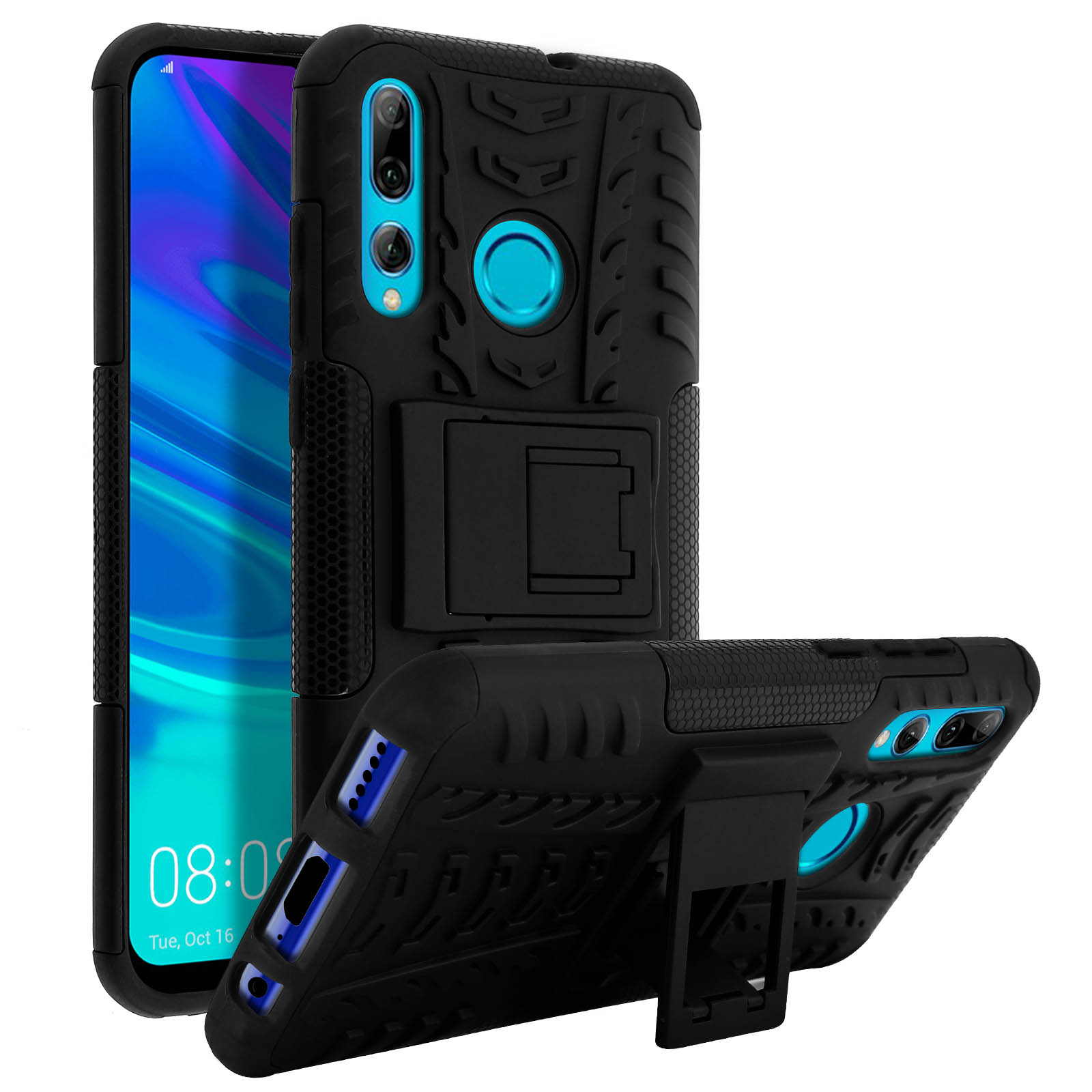 Coques de téléphone noires. L'une a un support. Accents bleus sur la caméra et les boutons.