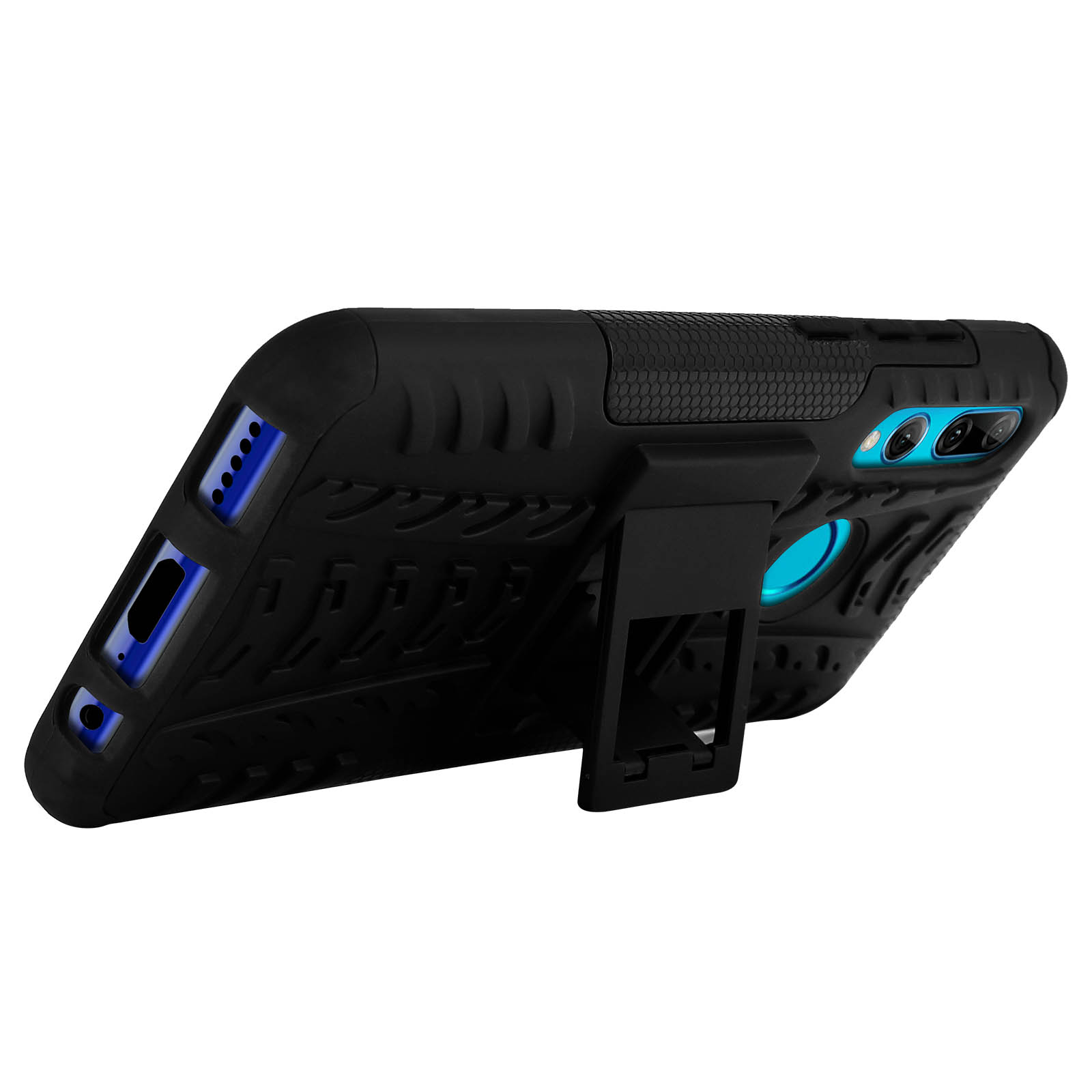 Coque de téléphone noire avec béquille. La coque est positionnée en biais.