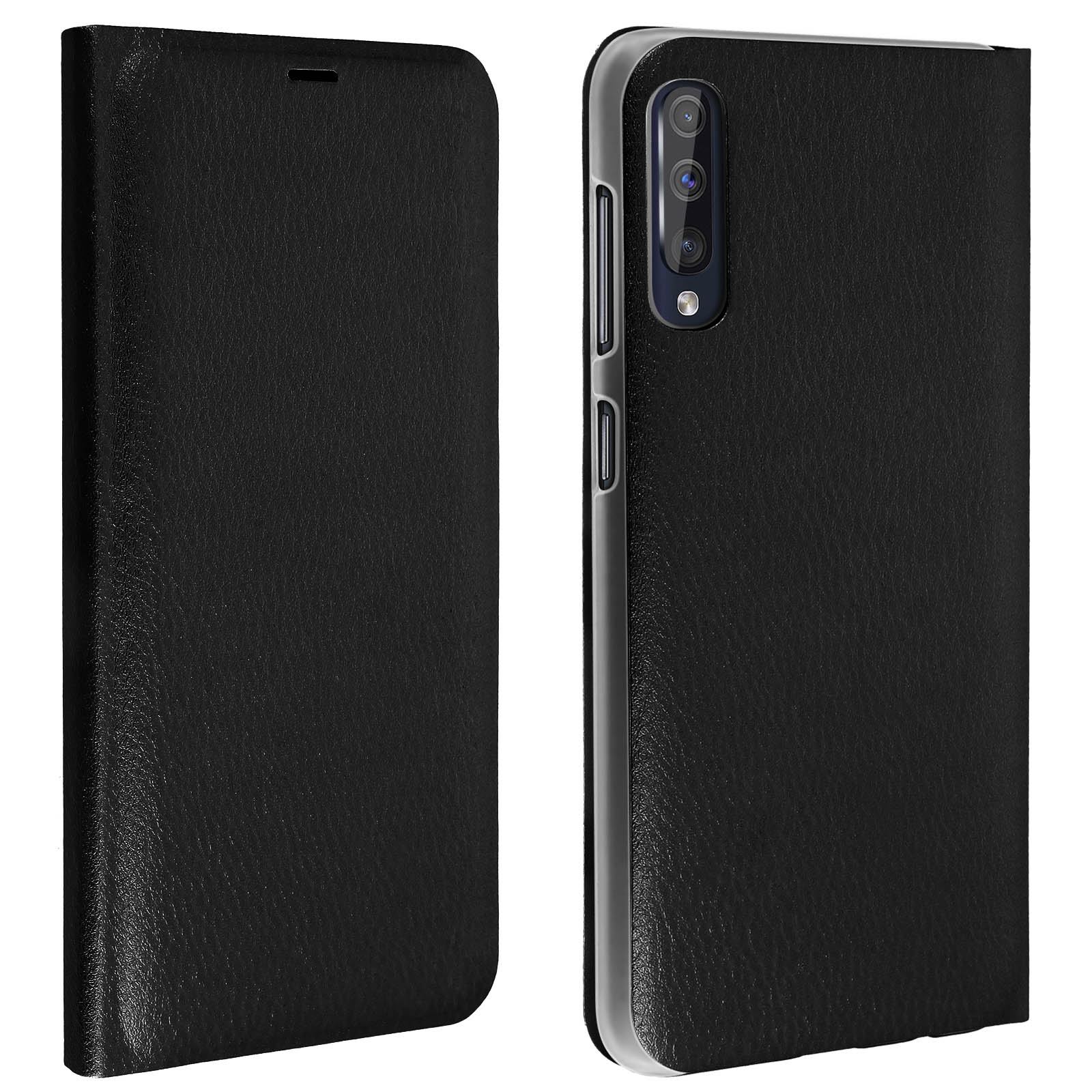 Gesloten zwarte telefoonhoes. Leerachtige textuur. Telefoon zit erin. Eenvoudig ontwerp.