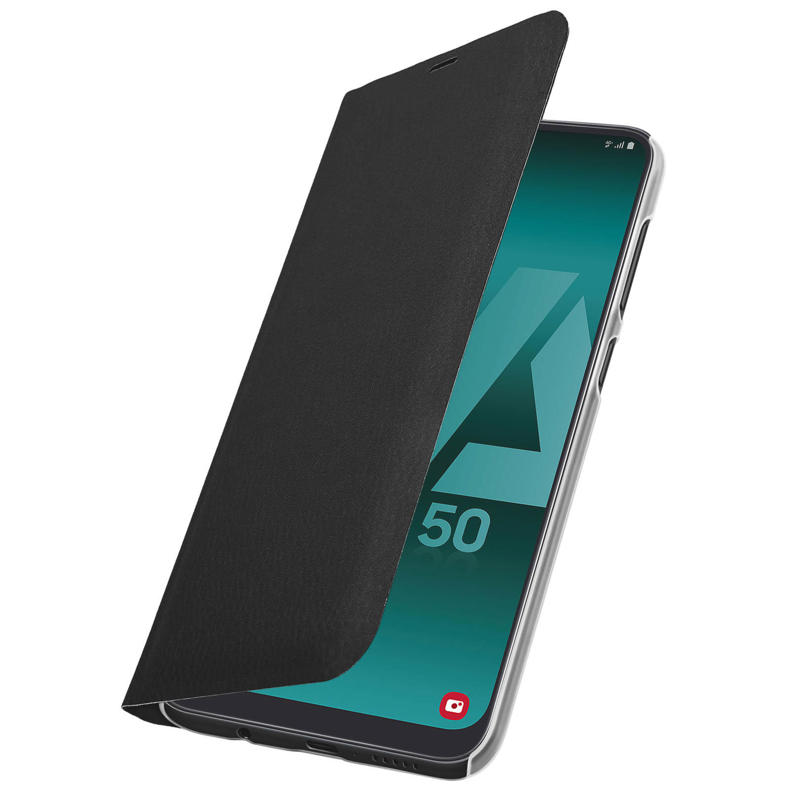 Een telefoon met een hoesje. Het scherm van de telefoon toont een A50-interface, met het hoesje open.
