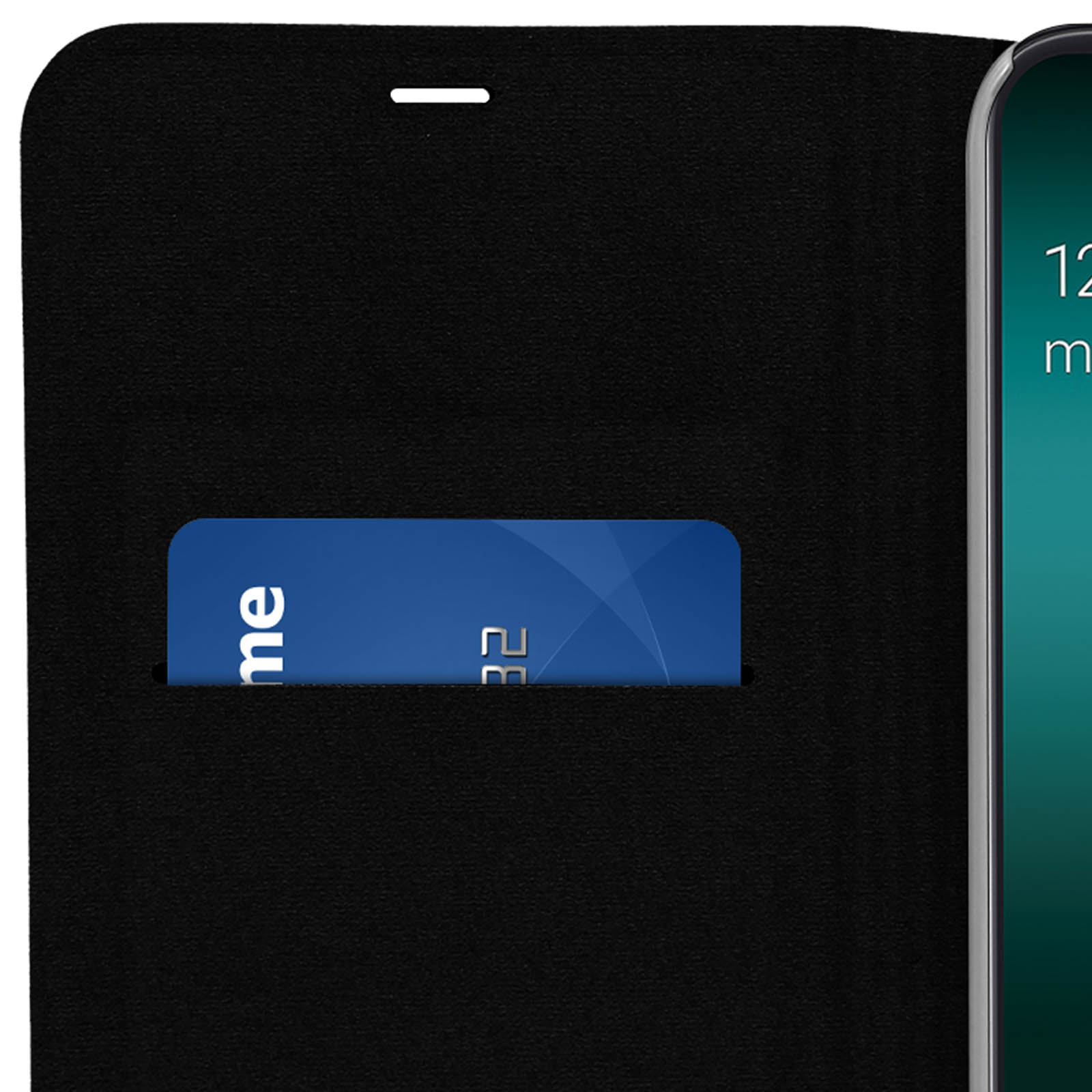 Een creditcard in een zwarte telefoonhoes met een scherm.