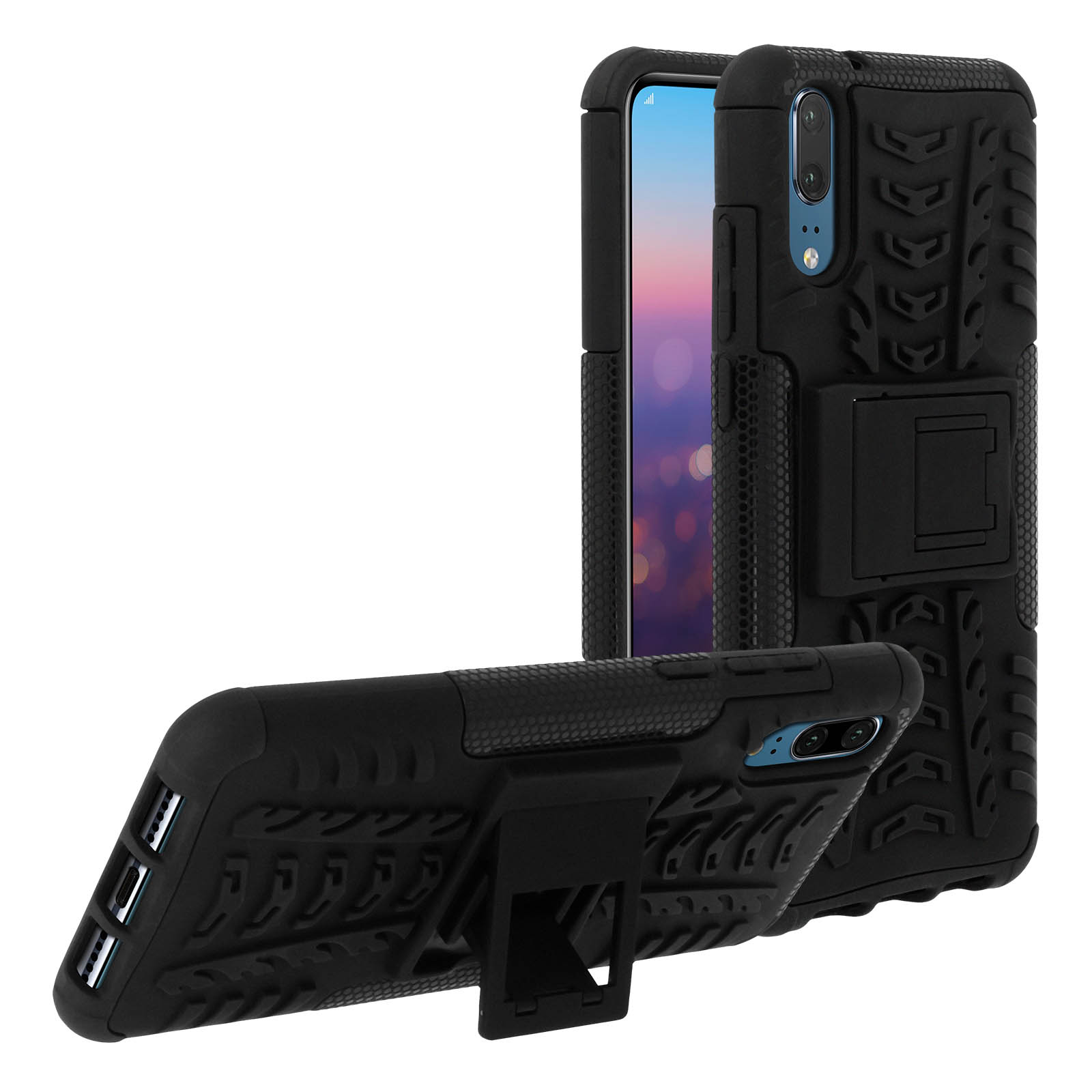 Custodia per telefono nera con cavalletto. Lo schermo del telefono è visibile. La custodia ha un design strutturato.