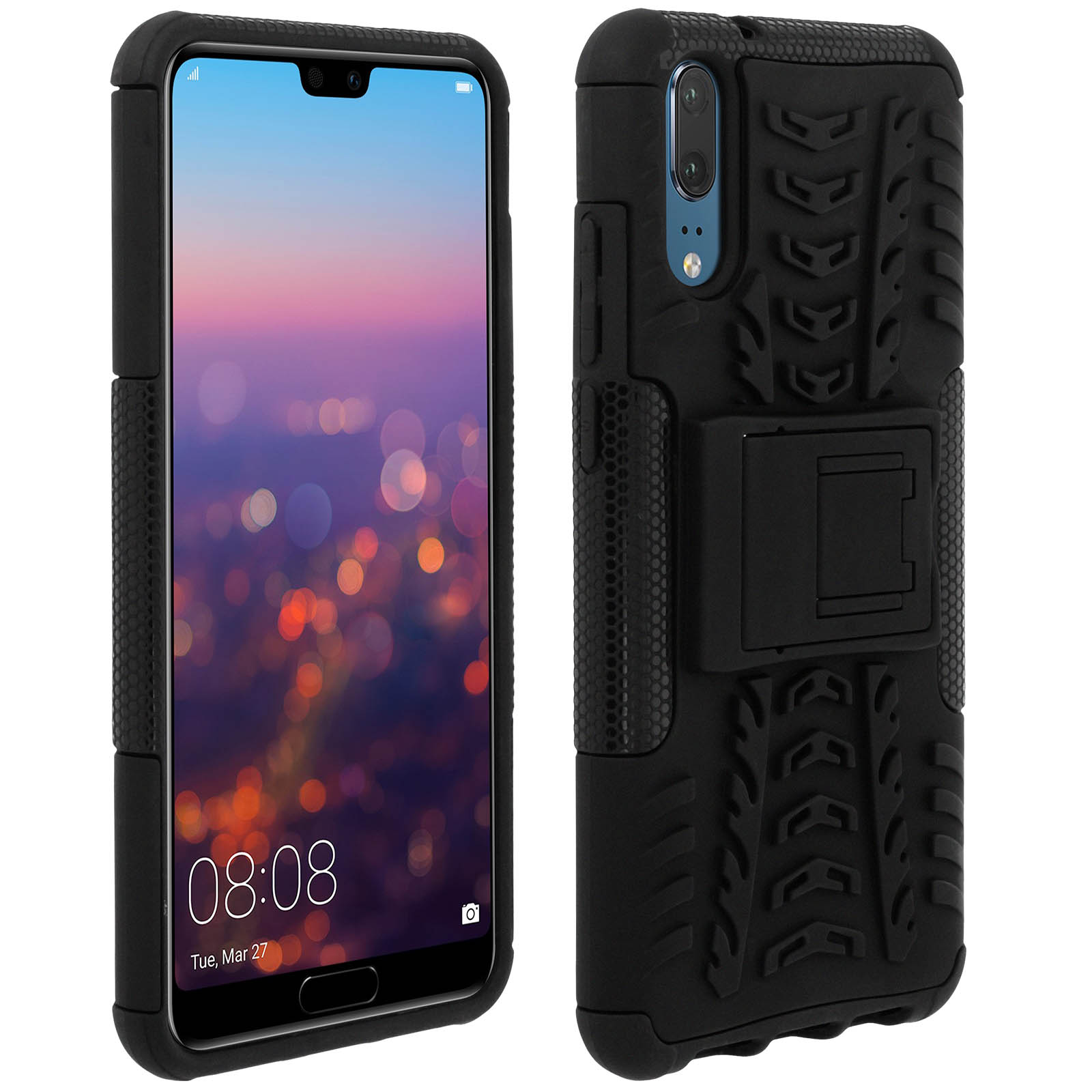 Custodia per telefono nera, con telefono all'interno, a sinistra. Sfondo nero con luci sfocate.