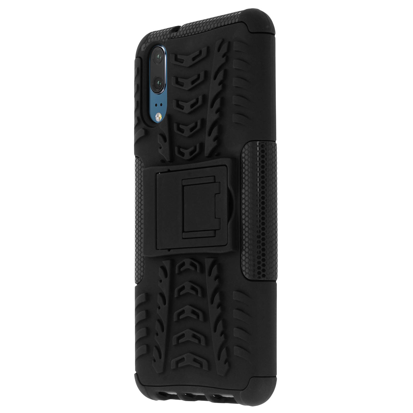 Custodia nera per telefono con design robusto e cavalletto.