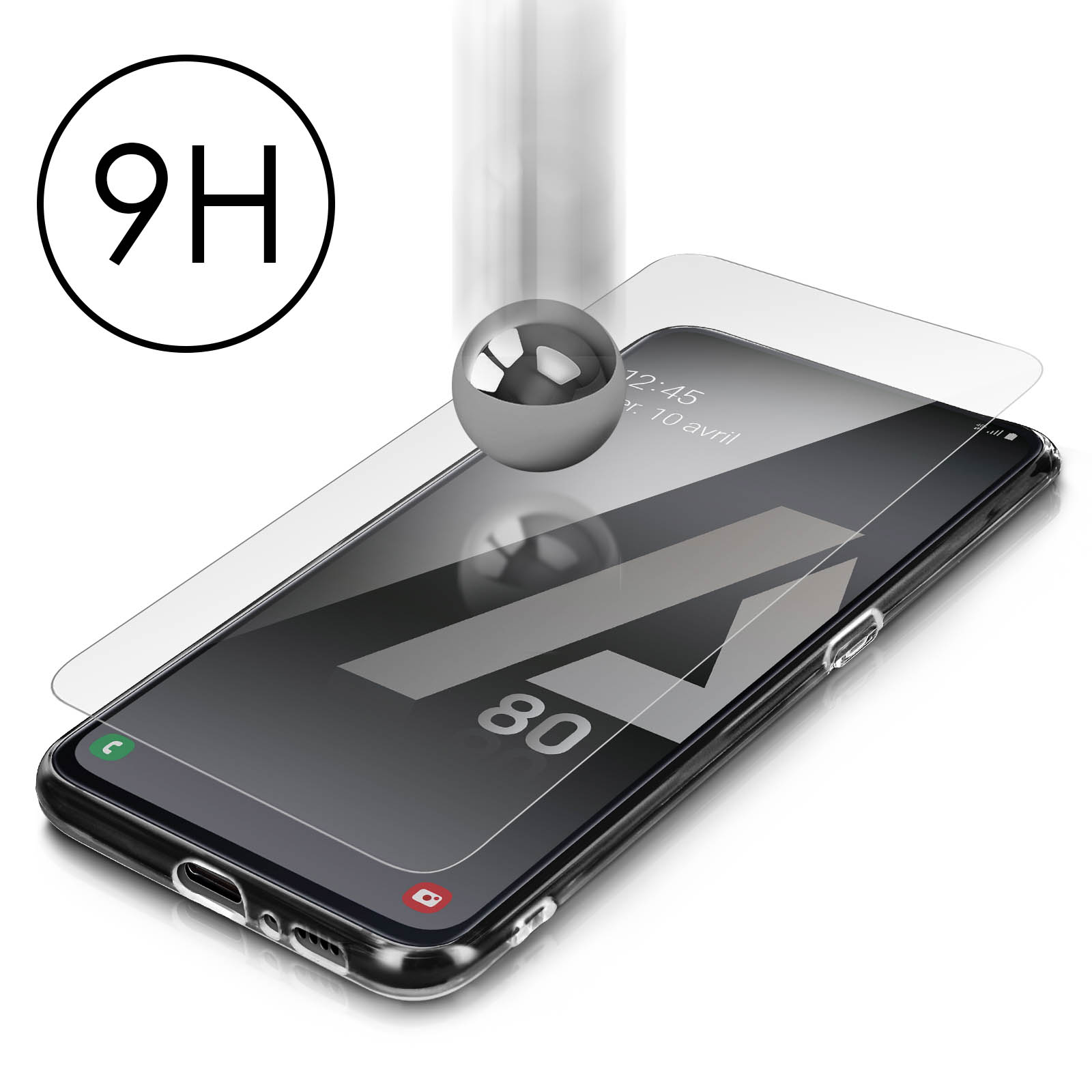 Telefono con protezione schermo in applicazione, con 9H e altro testo nel fotogramma.
