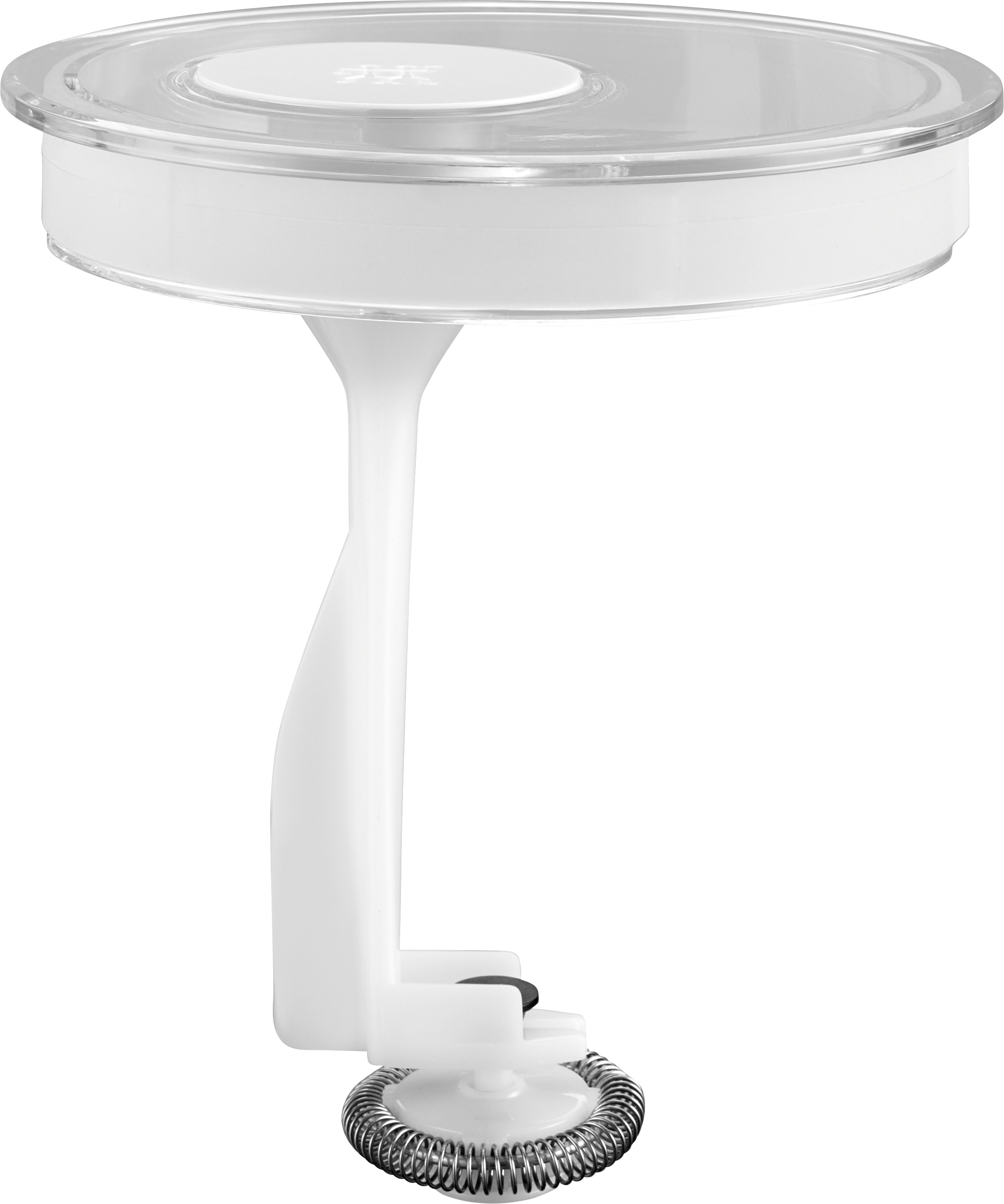 Biały spieniacz do mleka z przezroczystą górą i trzepaczką ze stali nierdzewnej.