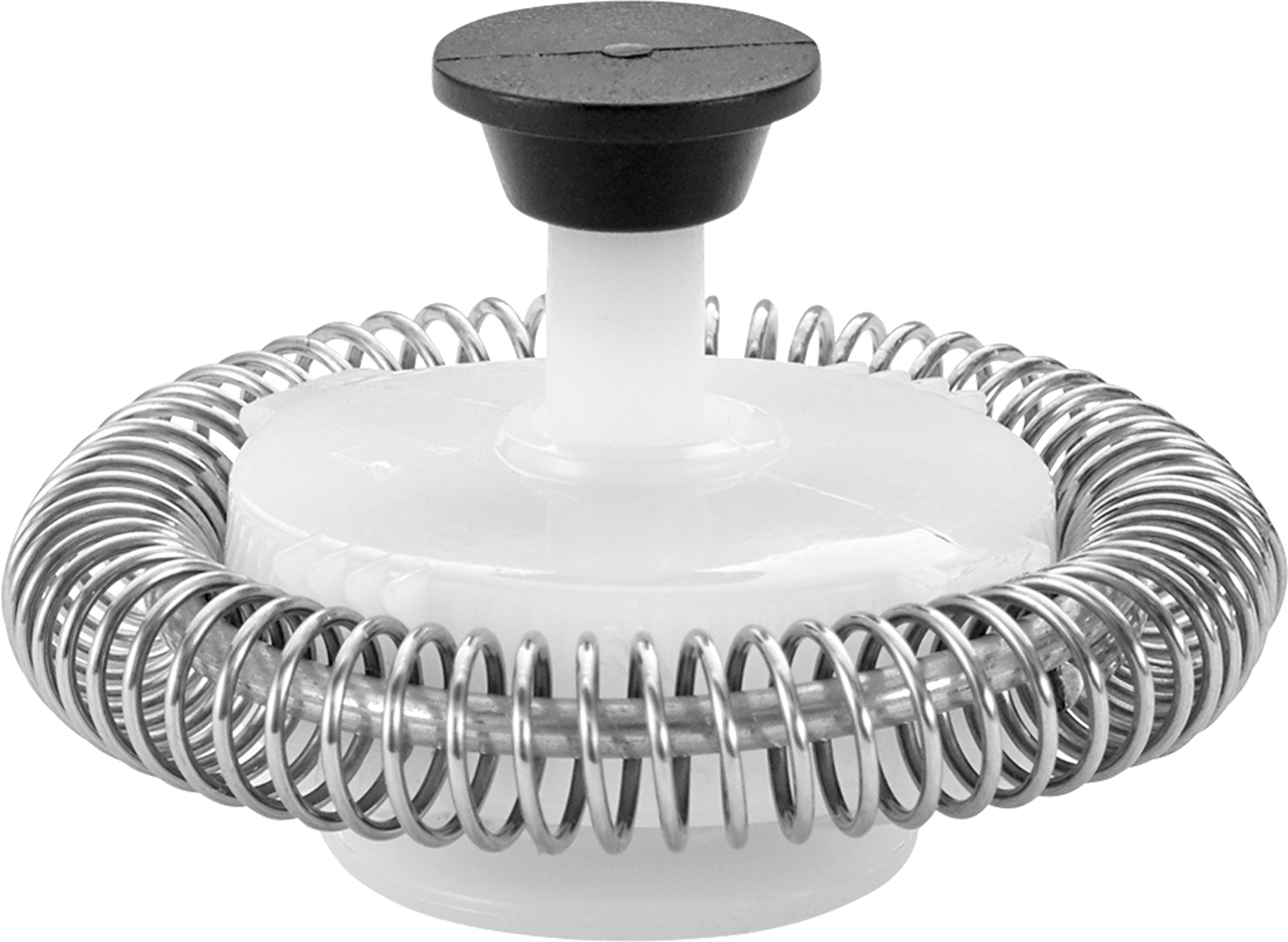 Zbliżenie spieniacza do mleka. Wykonany jest z metalu i białego plastiku.