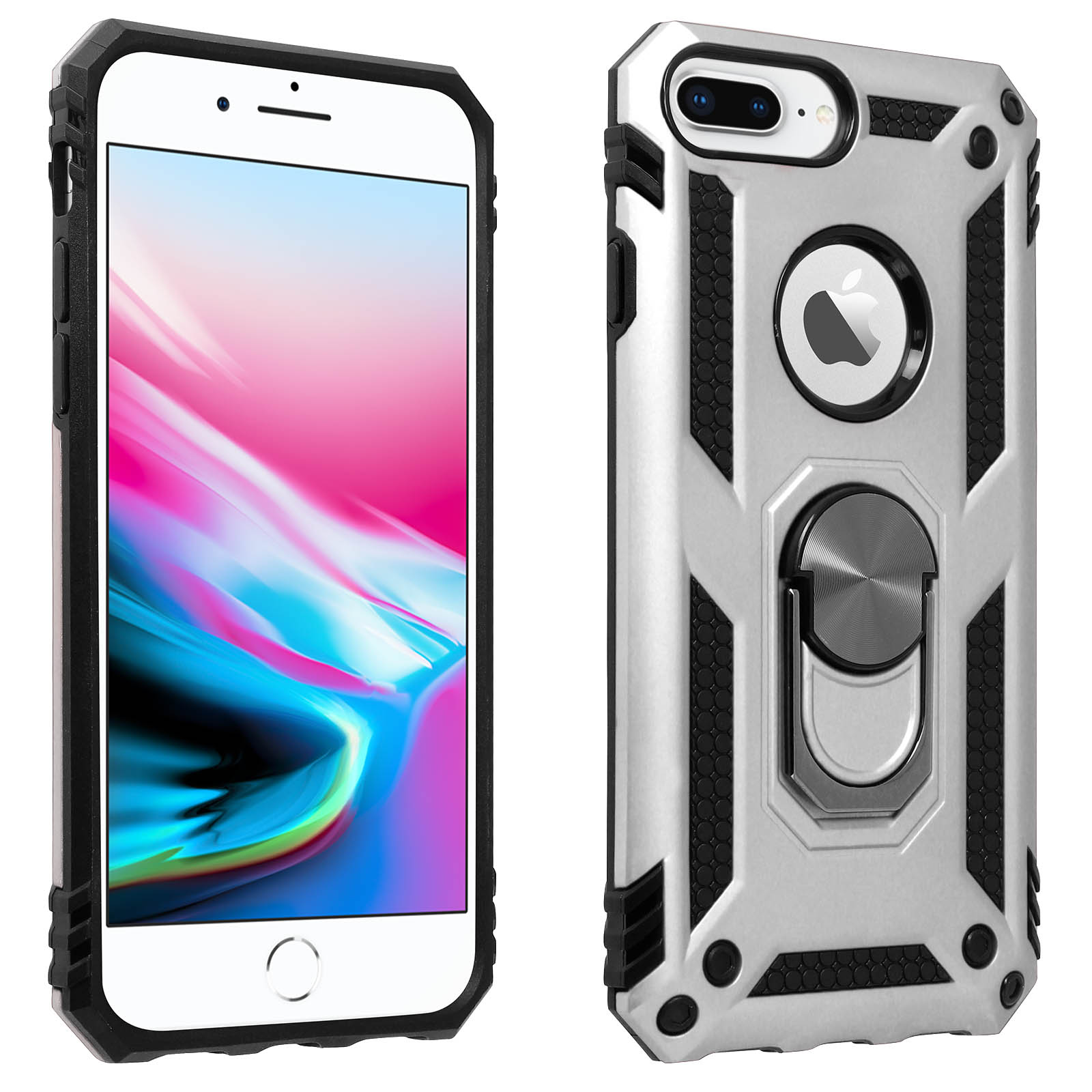 Zilver en zwart telefoonhoesje met een ringhouder.